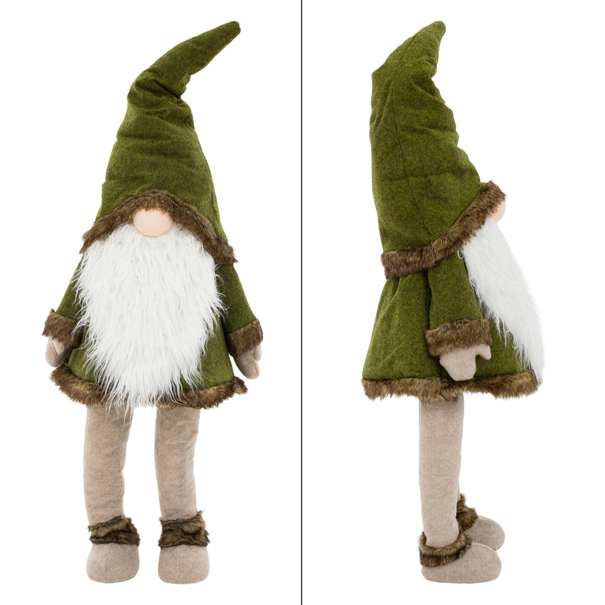 O figurină din material textil, cu o căciulă verde și o barbă albă, vedere laterală.