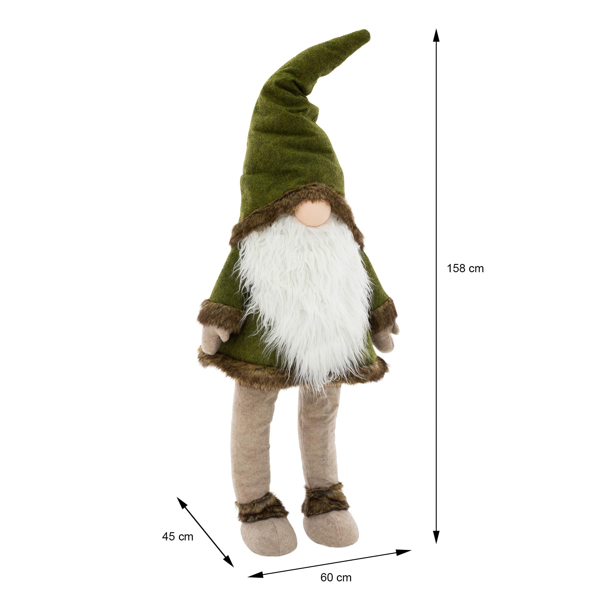 Plüschgnom in grünem Outfit mit Maßen auf einem weißen Hintergrund.