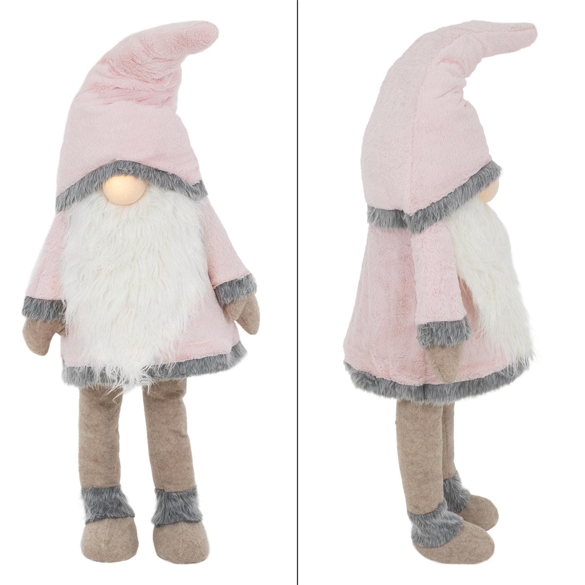 Figura con forma de muñeco, con gorro rosa y barba blanca, vista lateral.