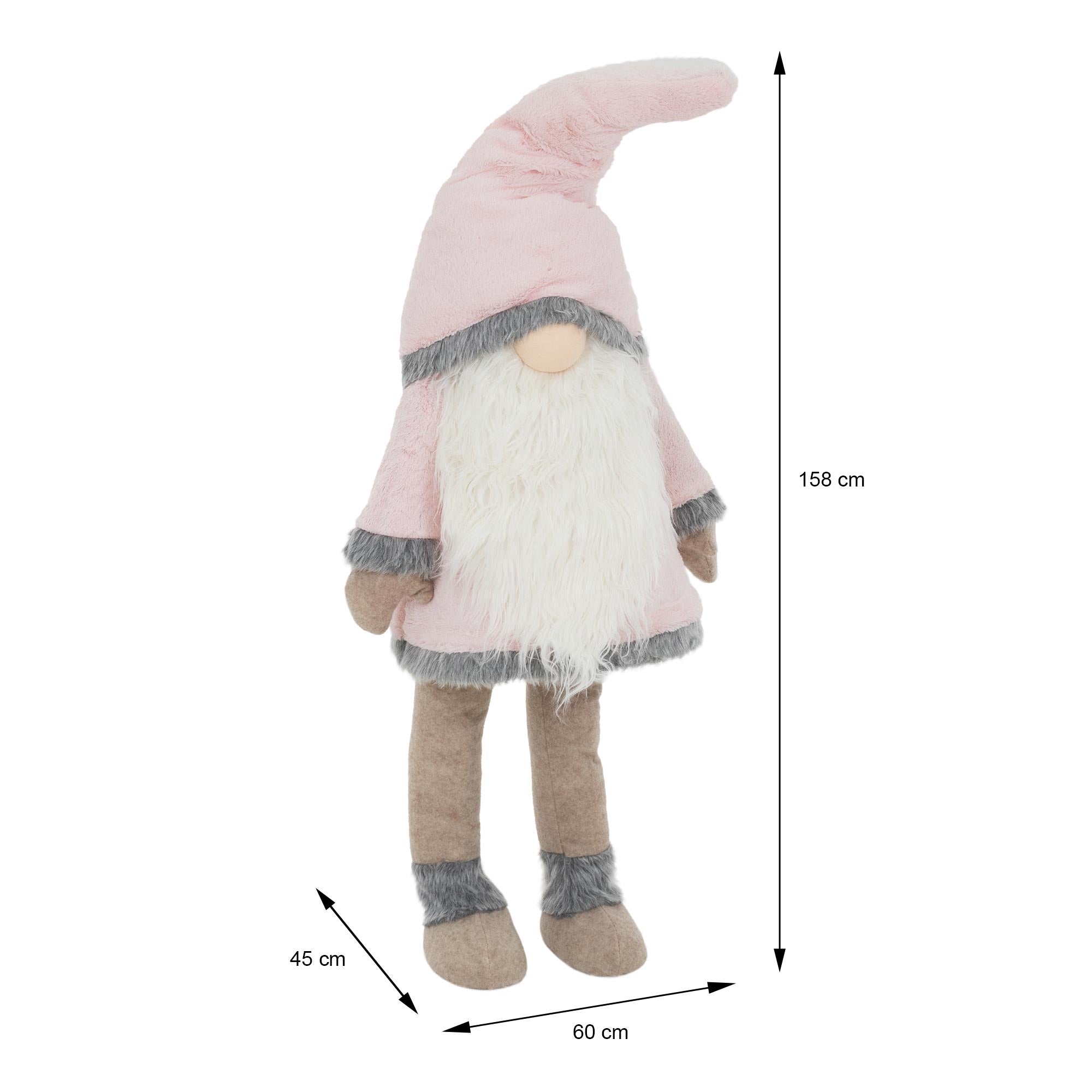 Ein rosa Stoffgnom mit langen Beinen, grauem Hut und weißem Bart, Maße sind angegeben.