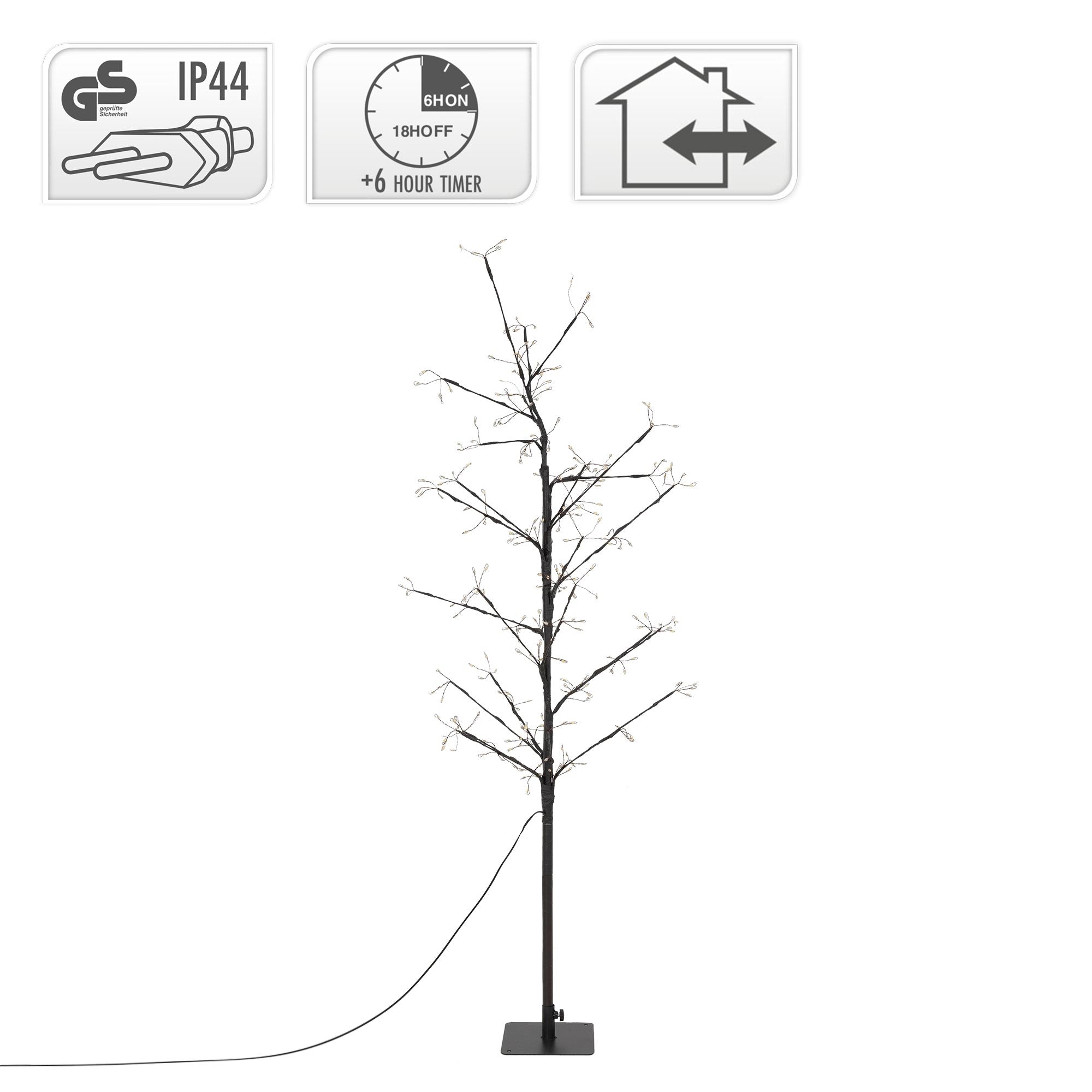 Een verlichte boom met technische symbolen voor IP44 en timerfunctie.