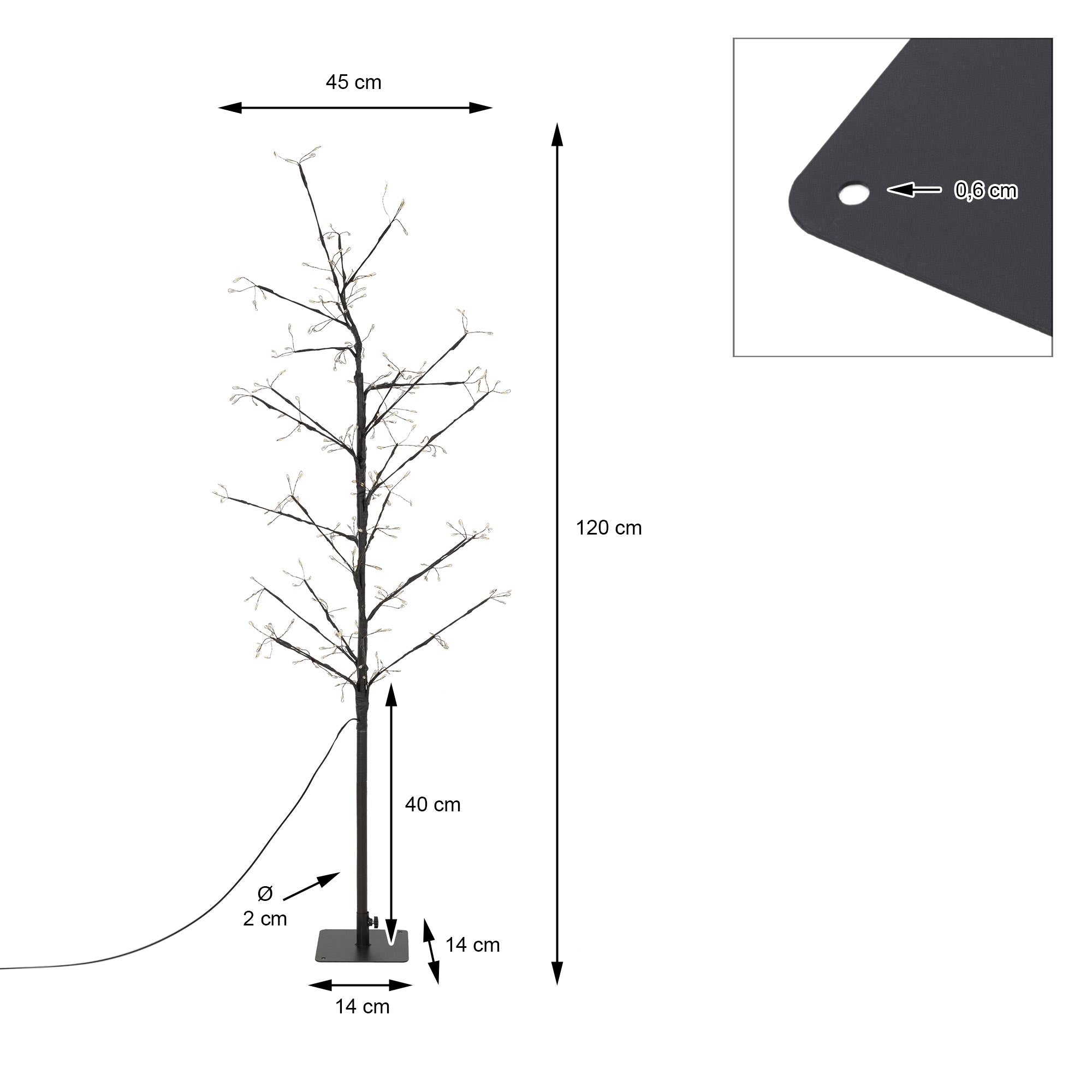 Technische tekening van een decoratieve boom met afmetingen en voet.