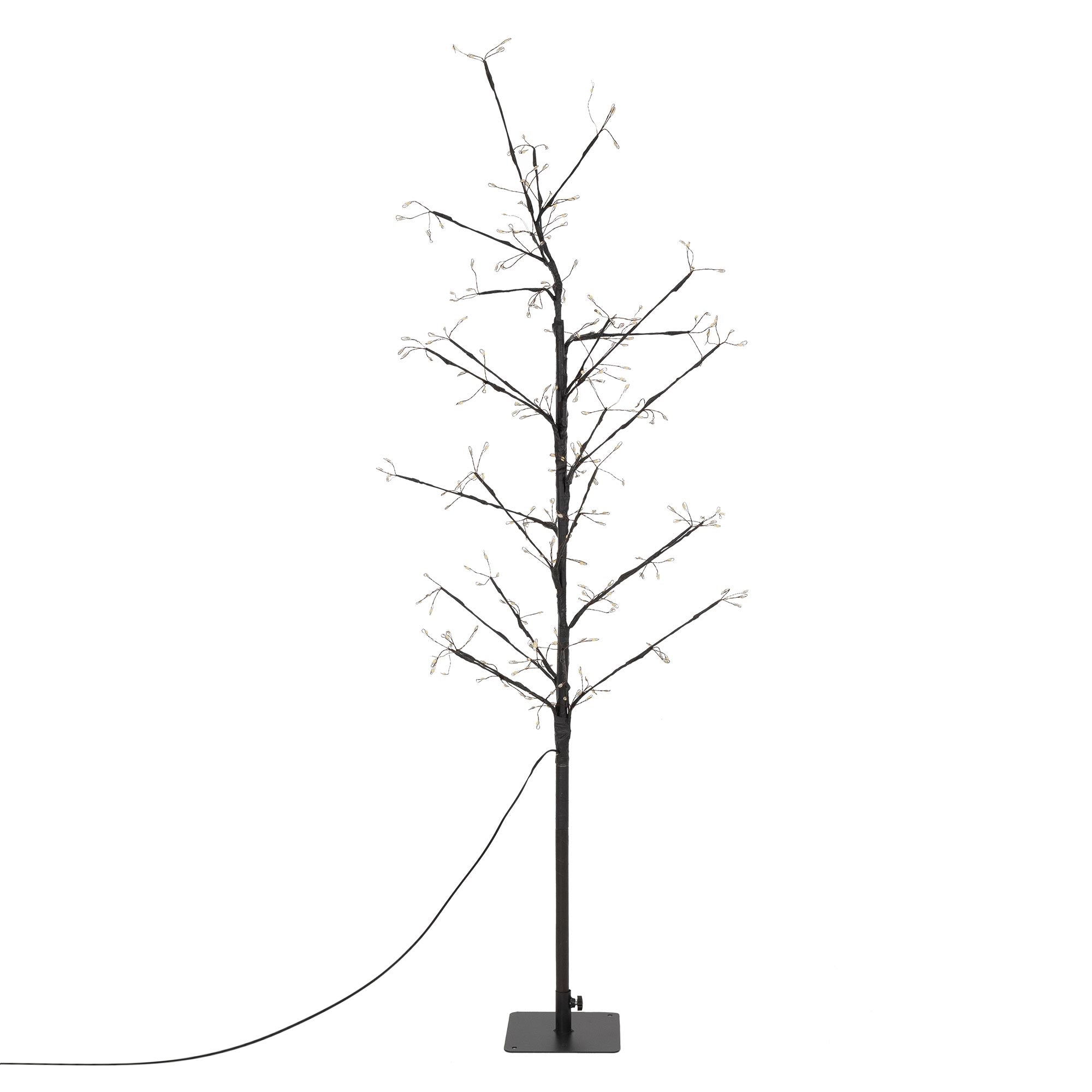 Ein dekorativer Baum mit dünnen Ästen und Lichtern, auf einem schwarzen Sockel.
