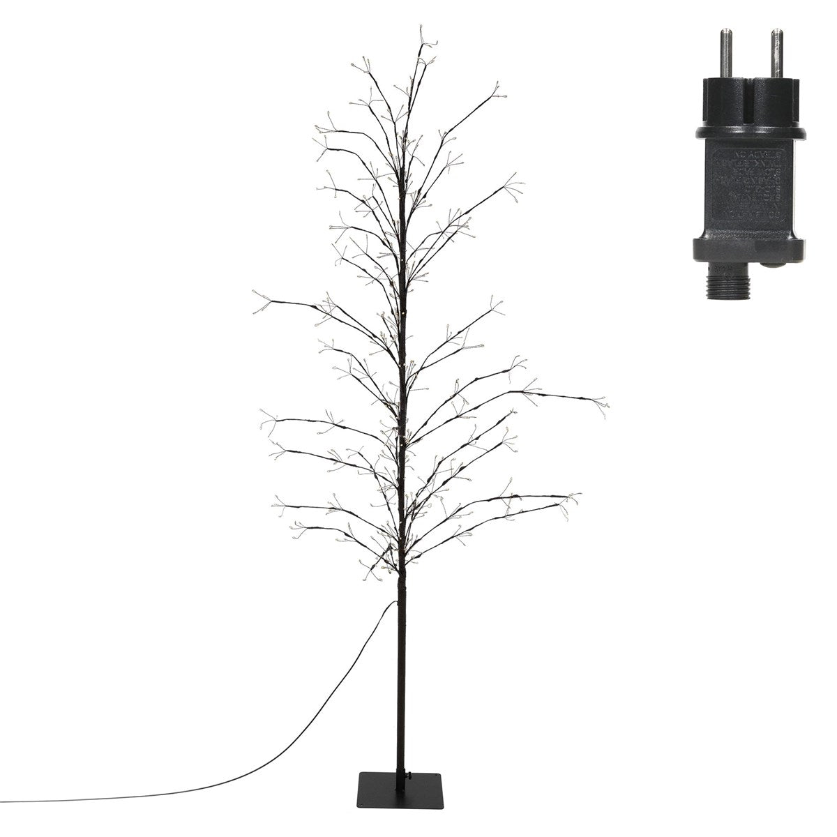 Beleuchteter Baum mit Stecker im Bild, auf schwarzem Sockel.