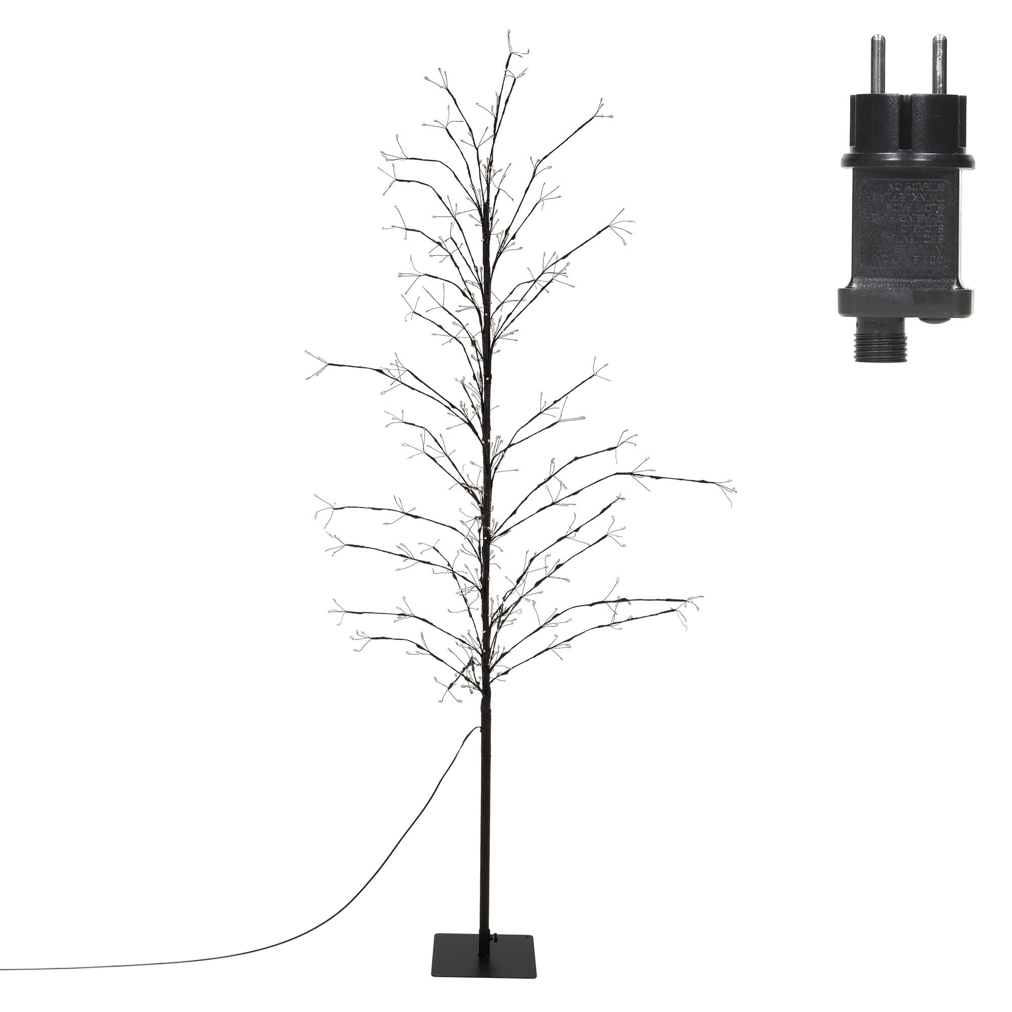 Beleuchteter Baum mit Stecker im Bild, auf schwarzem Sockel.