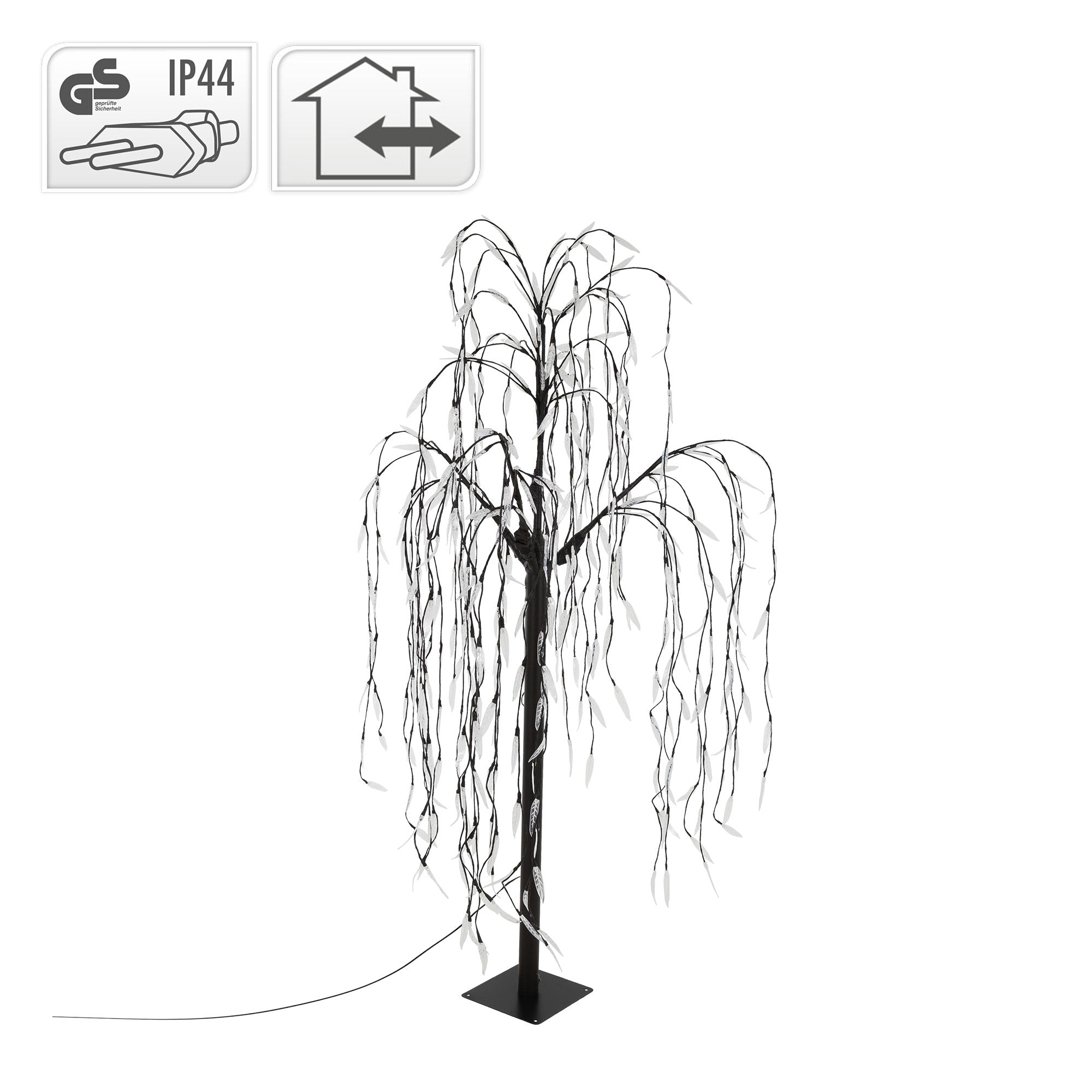 Schwarz-weißer Baum mit langen, hängenden Zweigen und Kabel.
