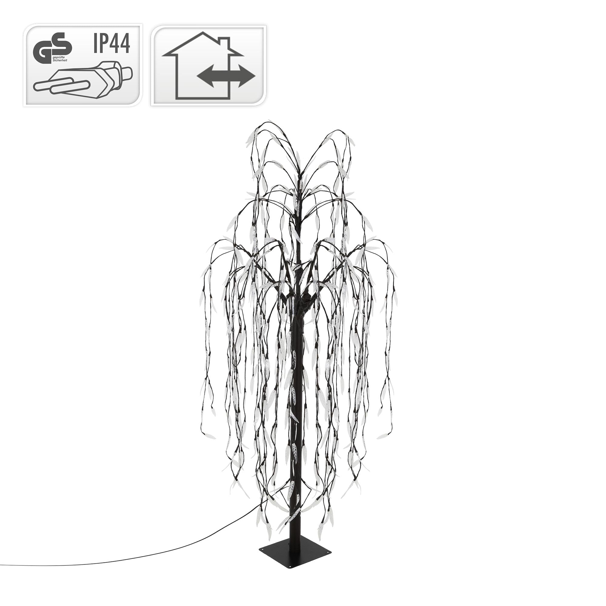 Schwarzer Baum mit hängenden Lichtern und einem Symbol für Sicherheit.