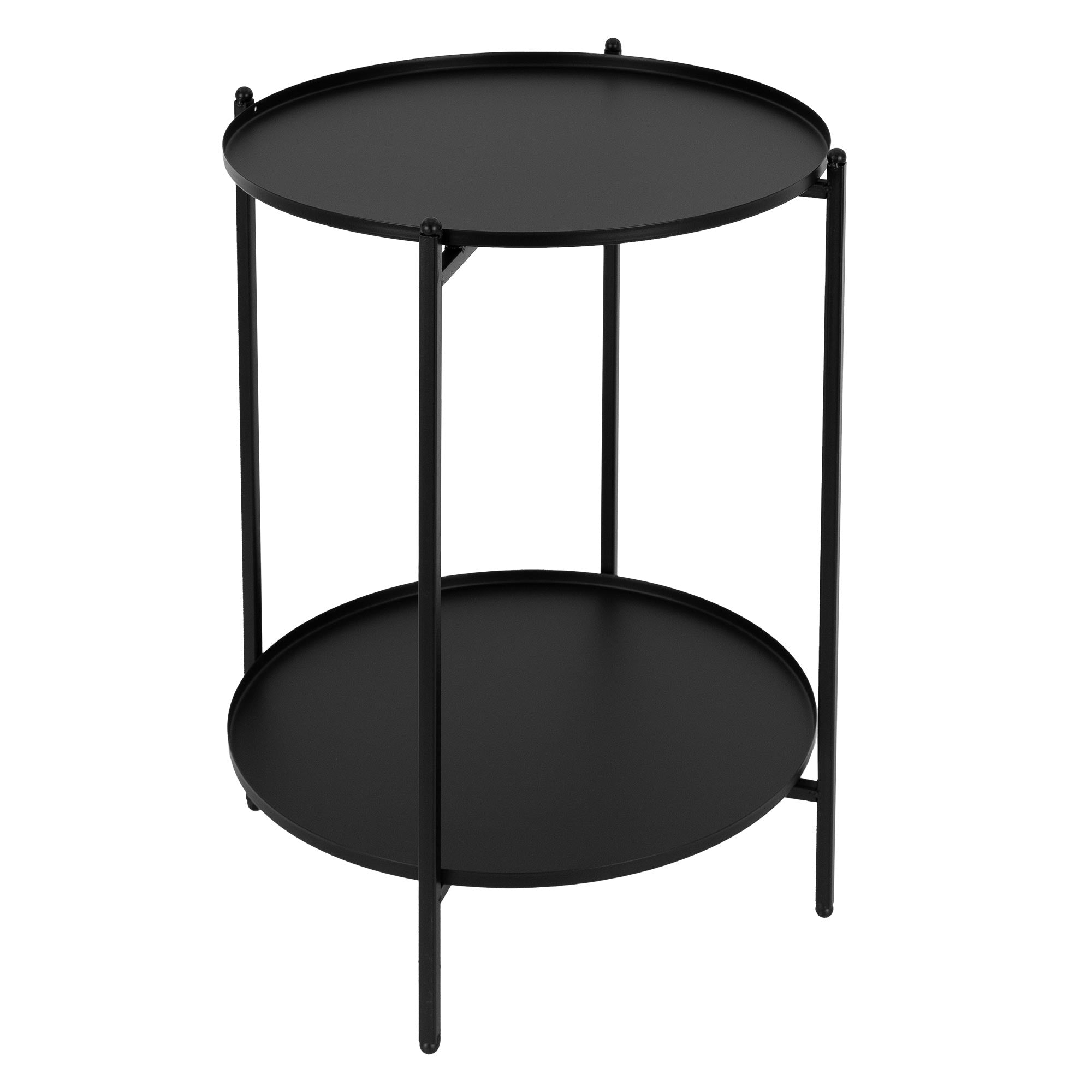 Black side table with two round shelves, height 50 cm, diameter 38 cm.
