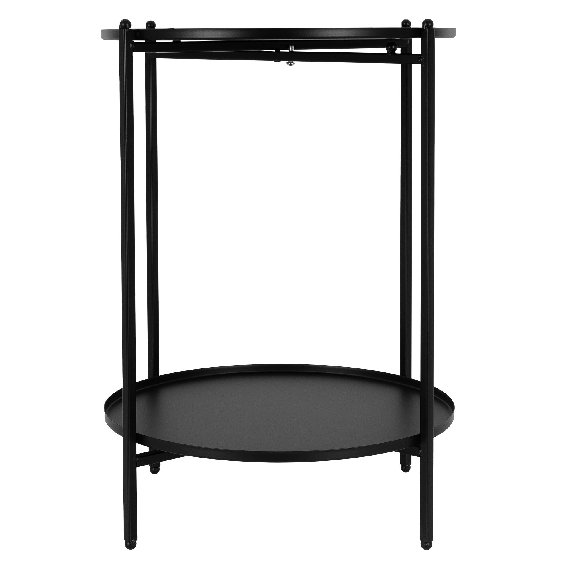 Black side table with round top and four legs.