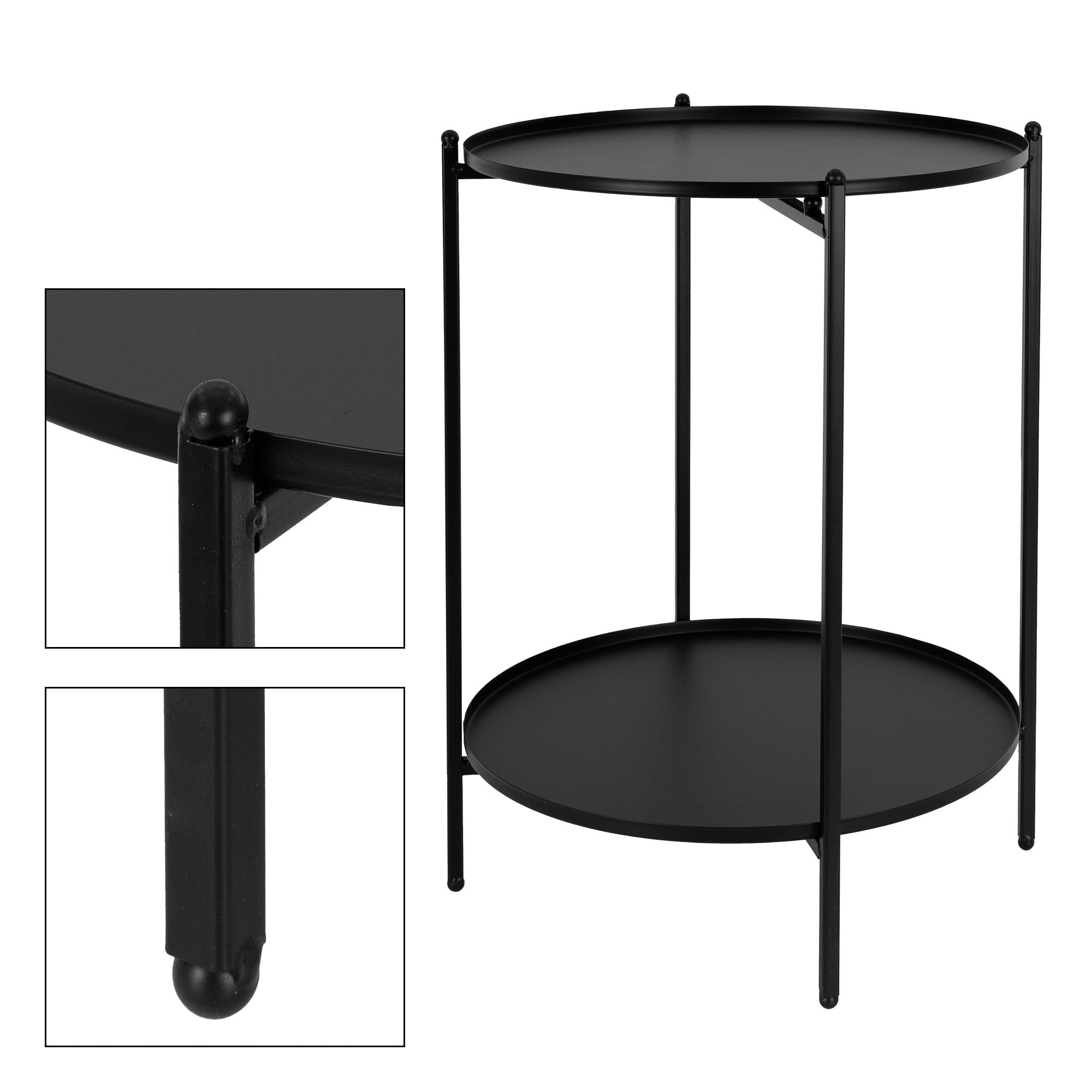 Black side table with two round shelves and four legs.