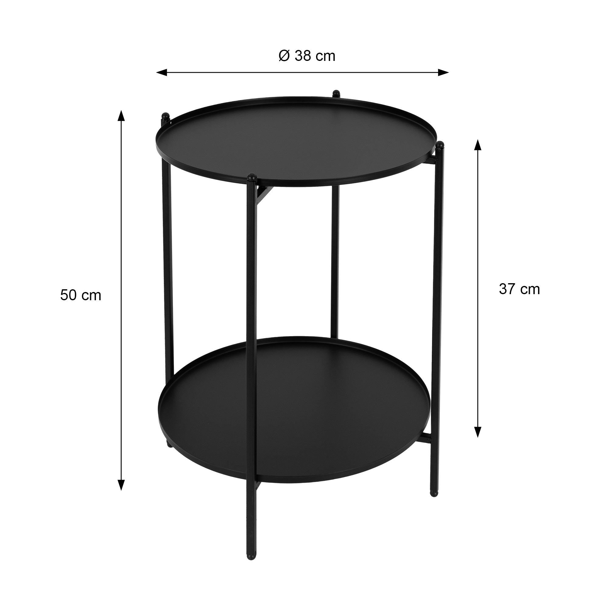 Black side table with two round shelves, height 37 cm, diameter 50 cm.