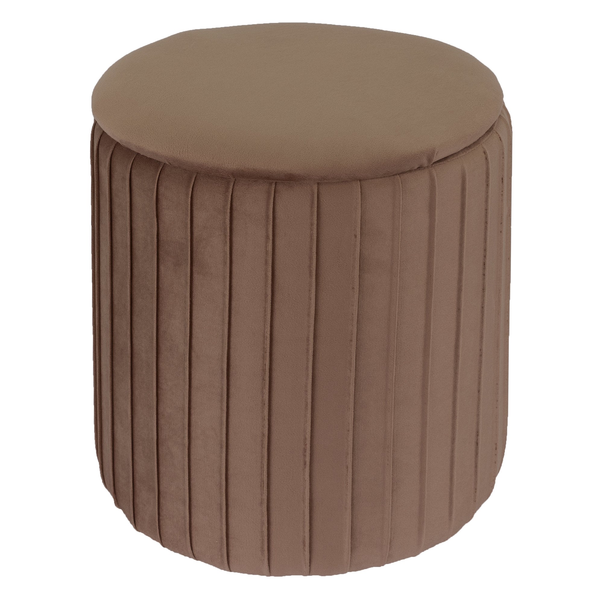 Round brown stool with padded surface and vertical grooves.