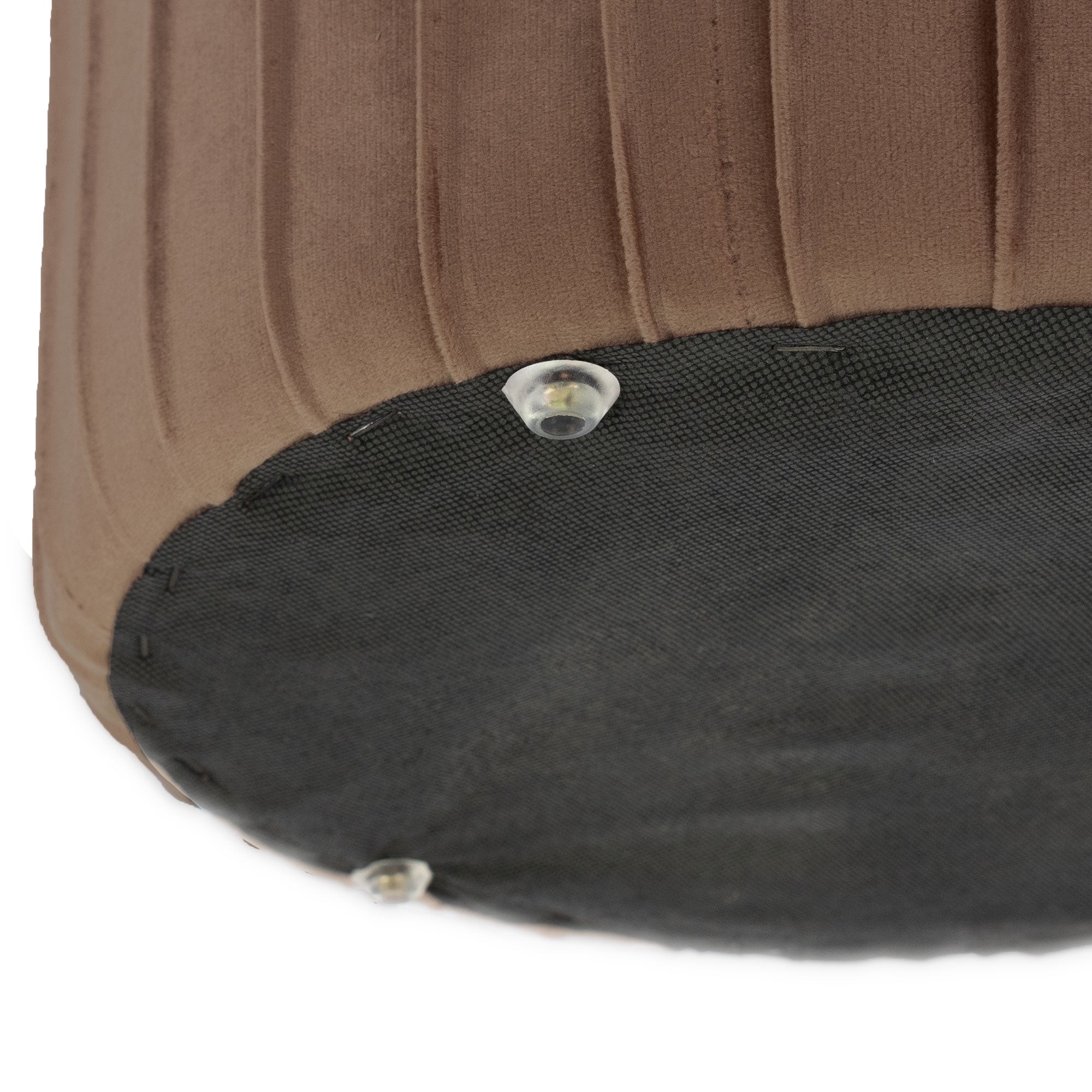 Bottom of a brown lampshade with visible fastenings.