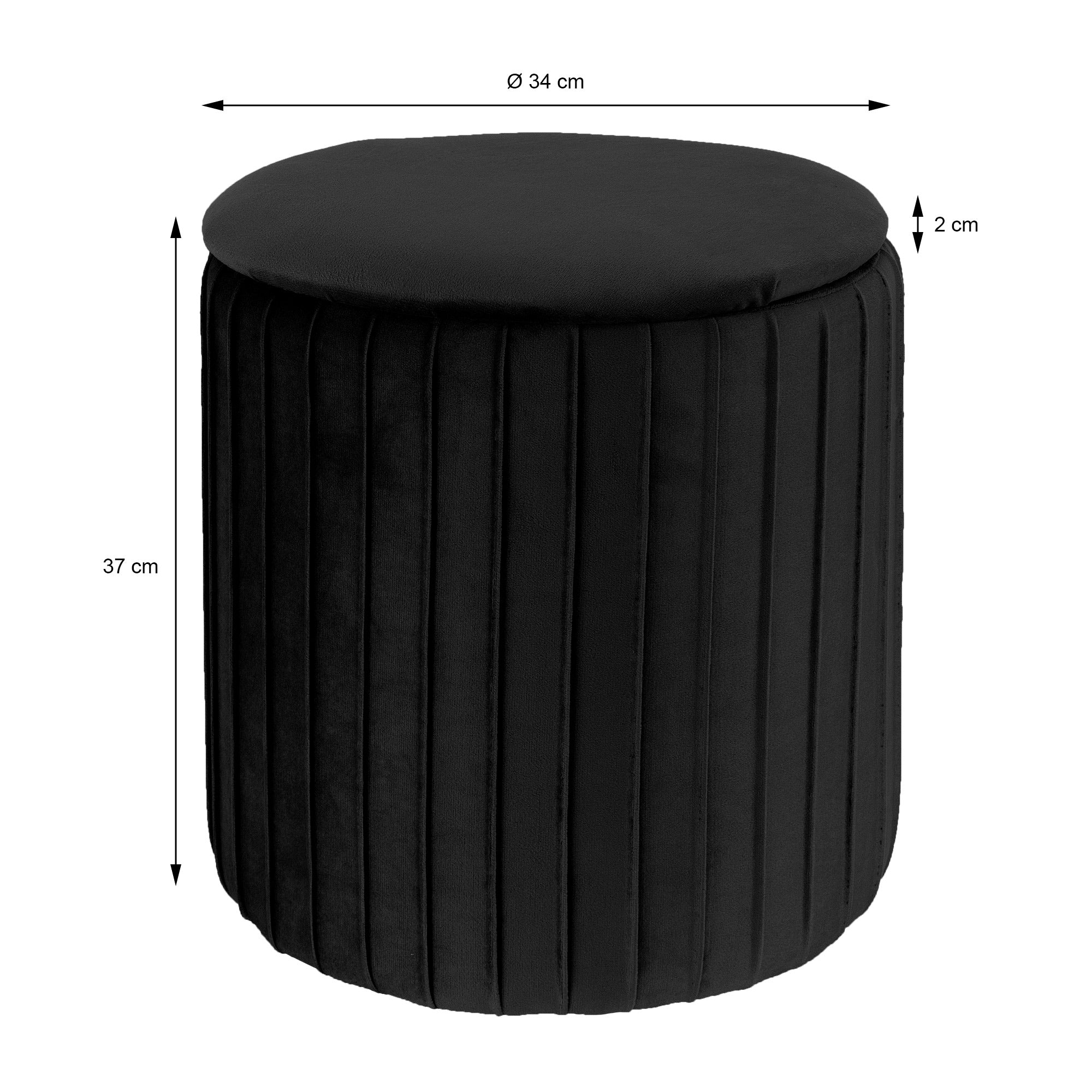 Sort rund skammel med en diameter på 34 cm og en højde på 37 cm.