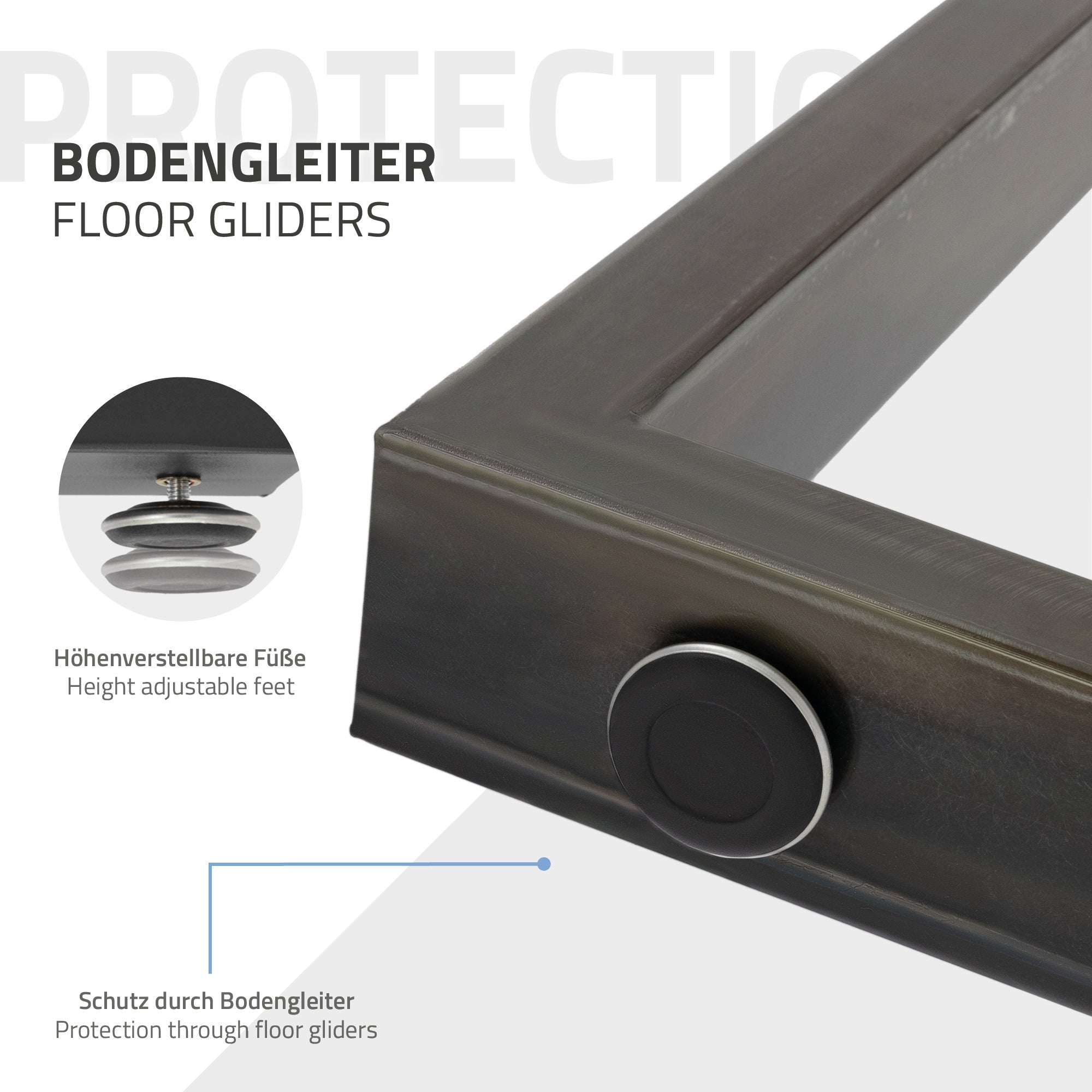 Bodenleiste mit höhenverstellbaren Füßen und Schutz durch Bodengleiter.