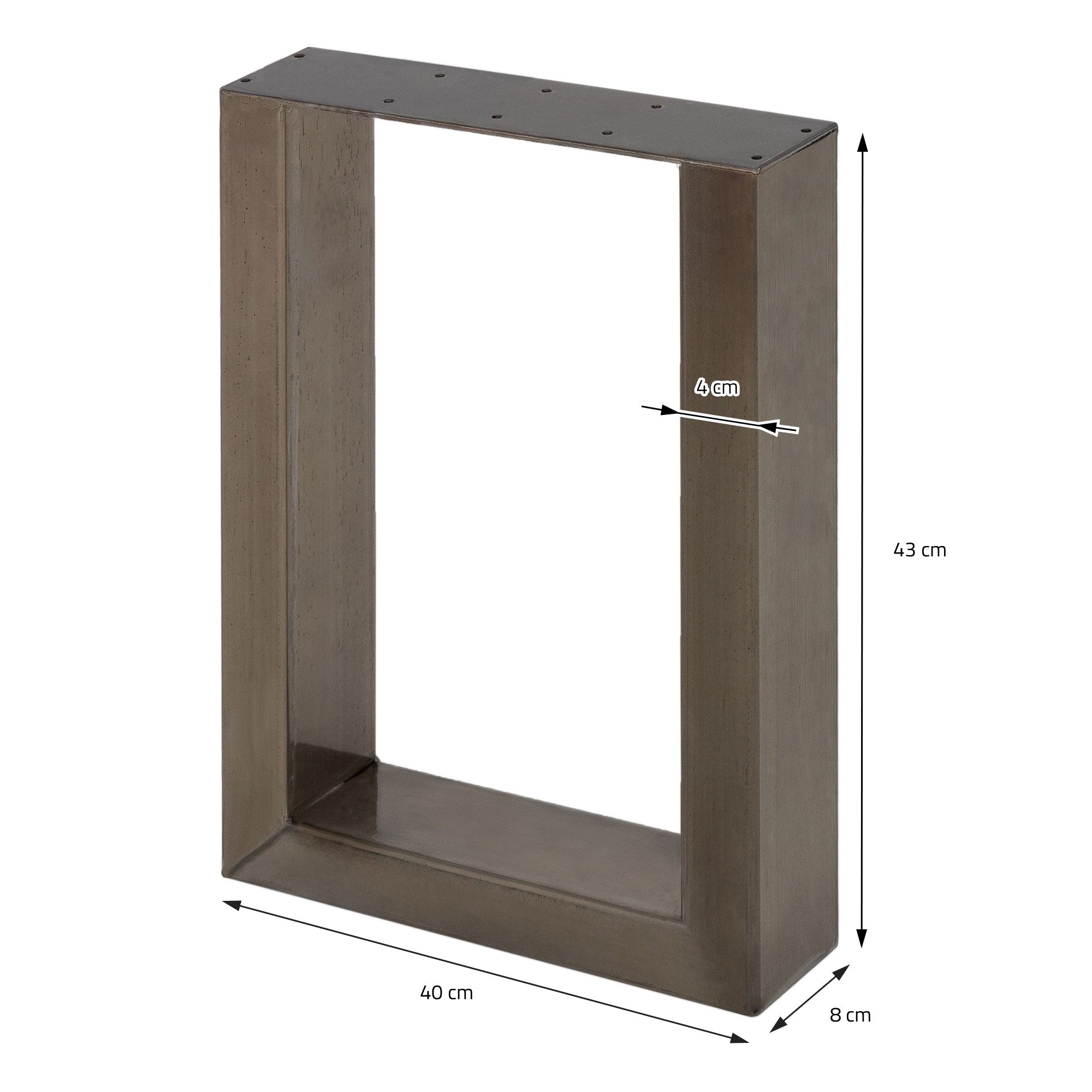 Rechteckiges Metallgestell mit Maßen: 40 cm Breite, 43 cm Höhe, 8 cm Tiefe.