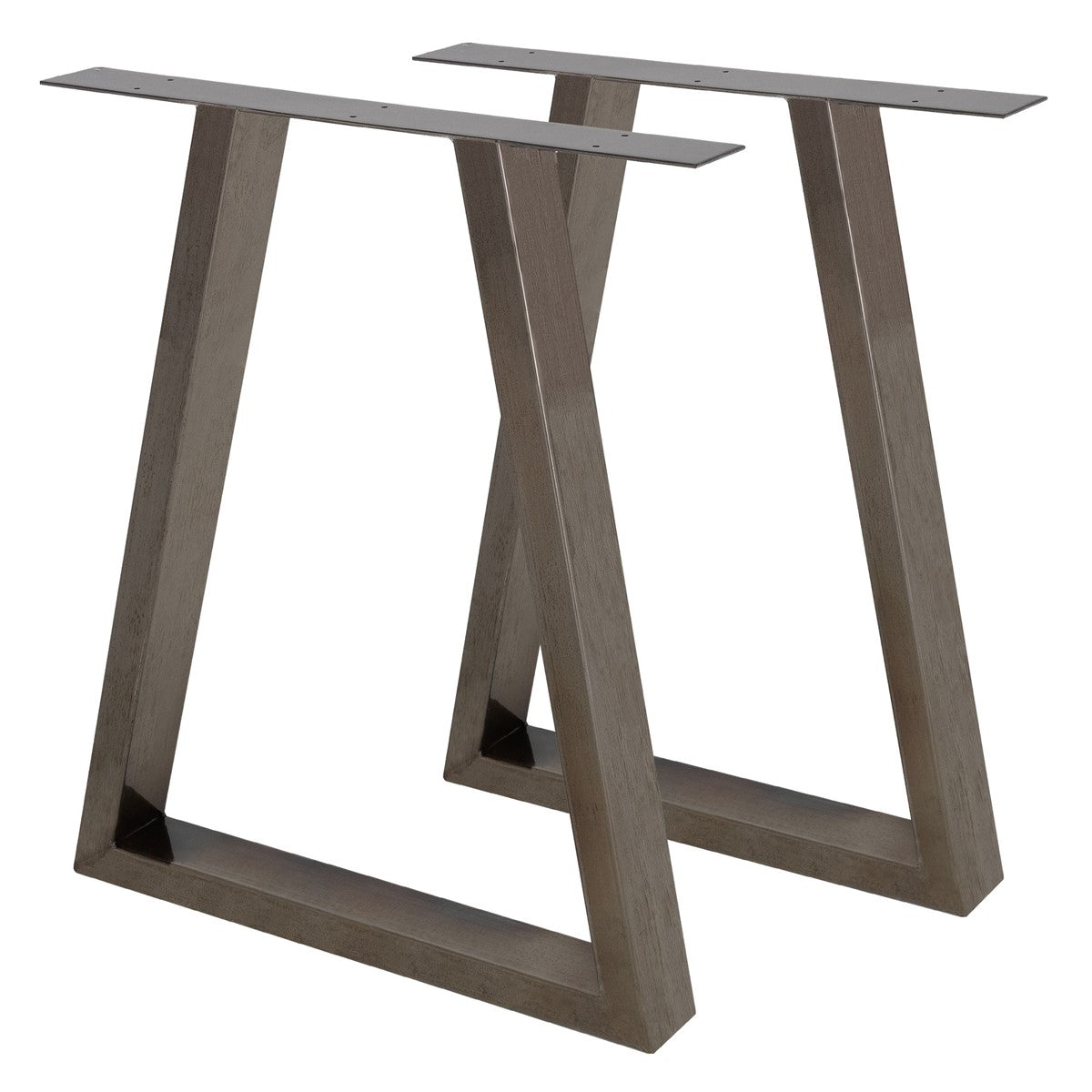 Zwei Tischgestelle in V-Form aus Metall.