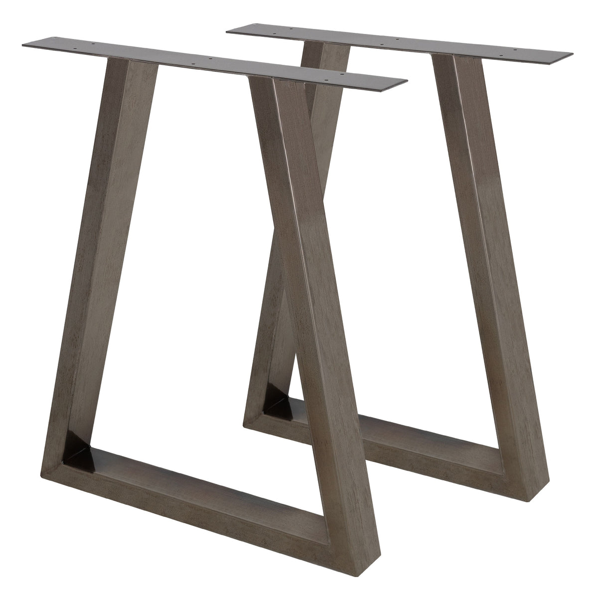 Zwei Tischgestelle in V-Form aus Metall.