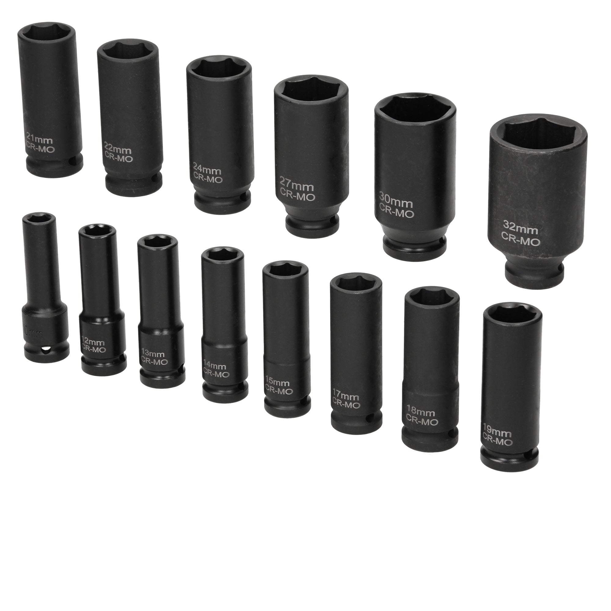 Set von 14 schwarzen Stecknüssen in verschiedenen Größen.