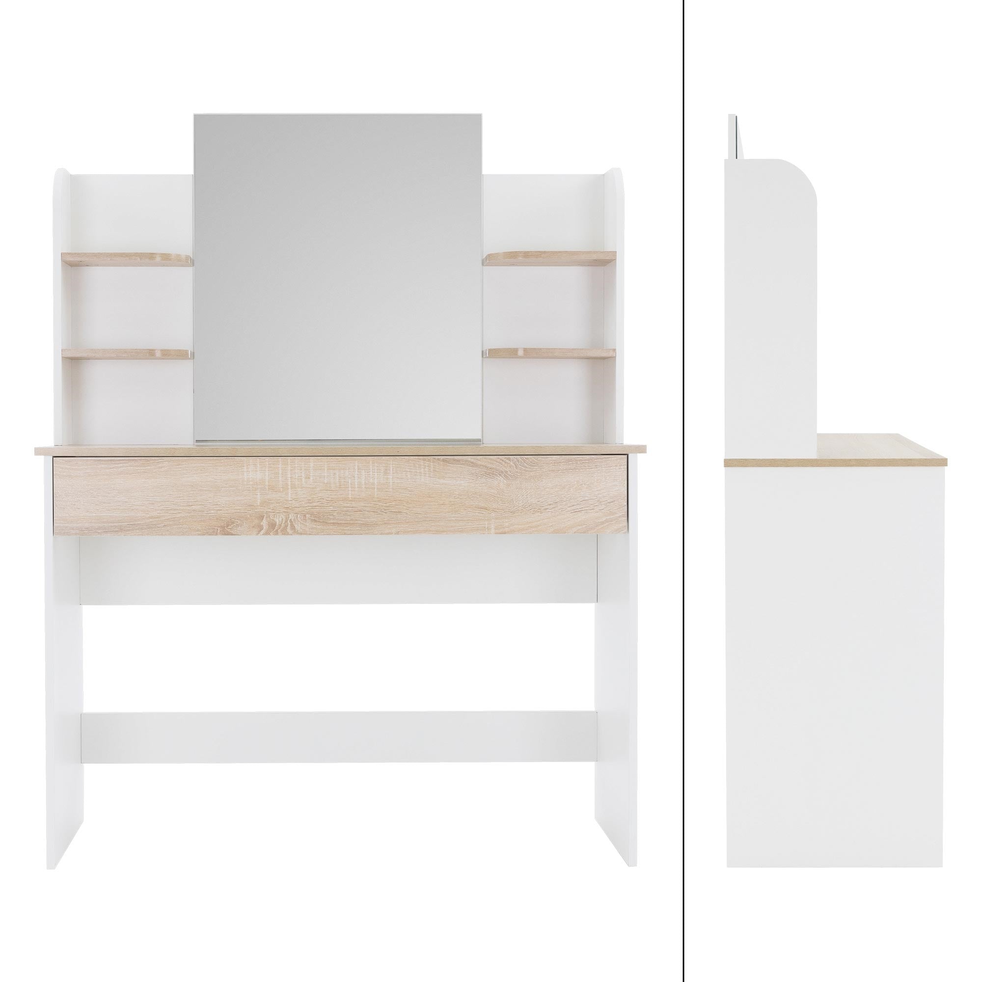 White vanity table with mirror, side shelves, and wooden surface.