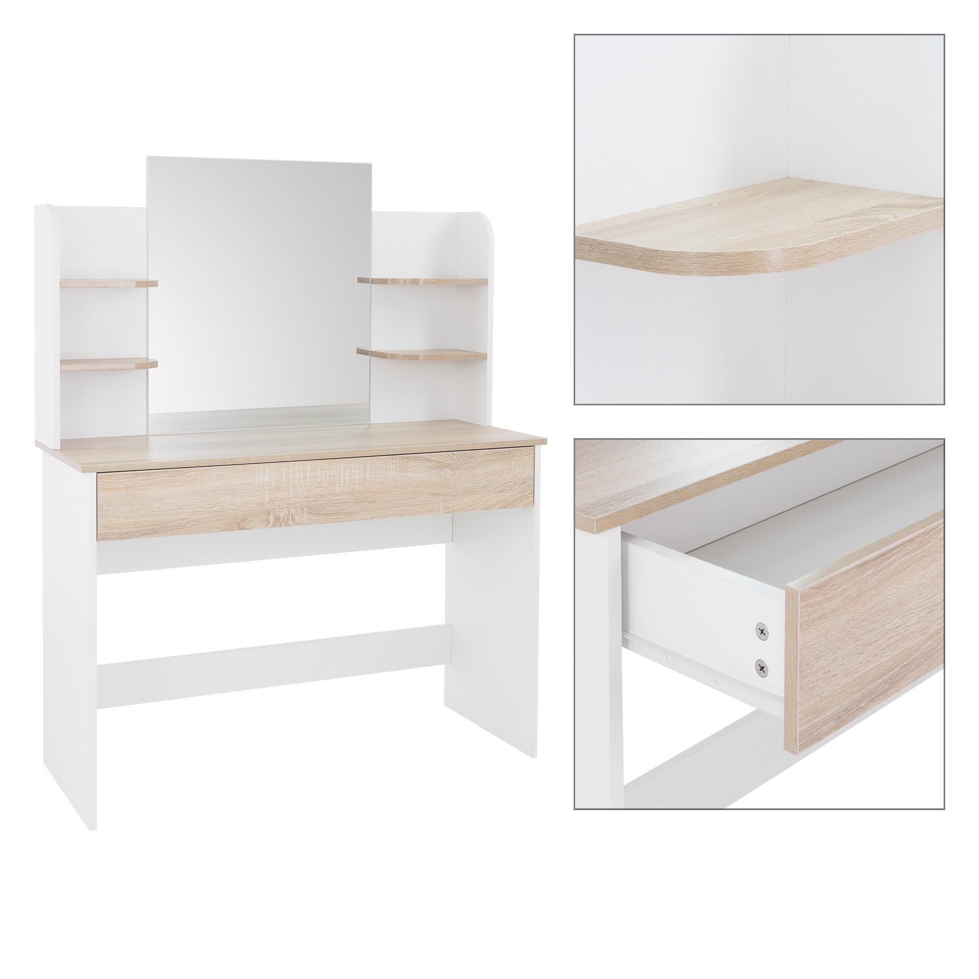 Vanity table with mirror, wooden surface, and drawer.
