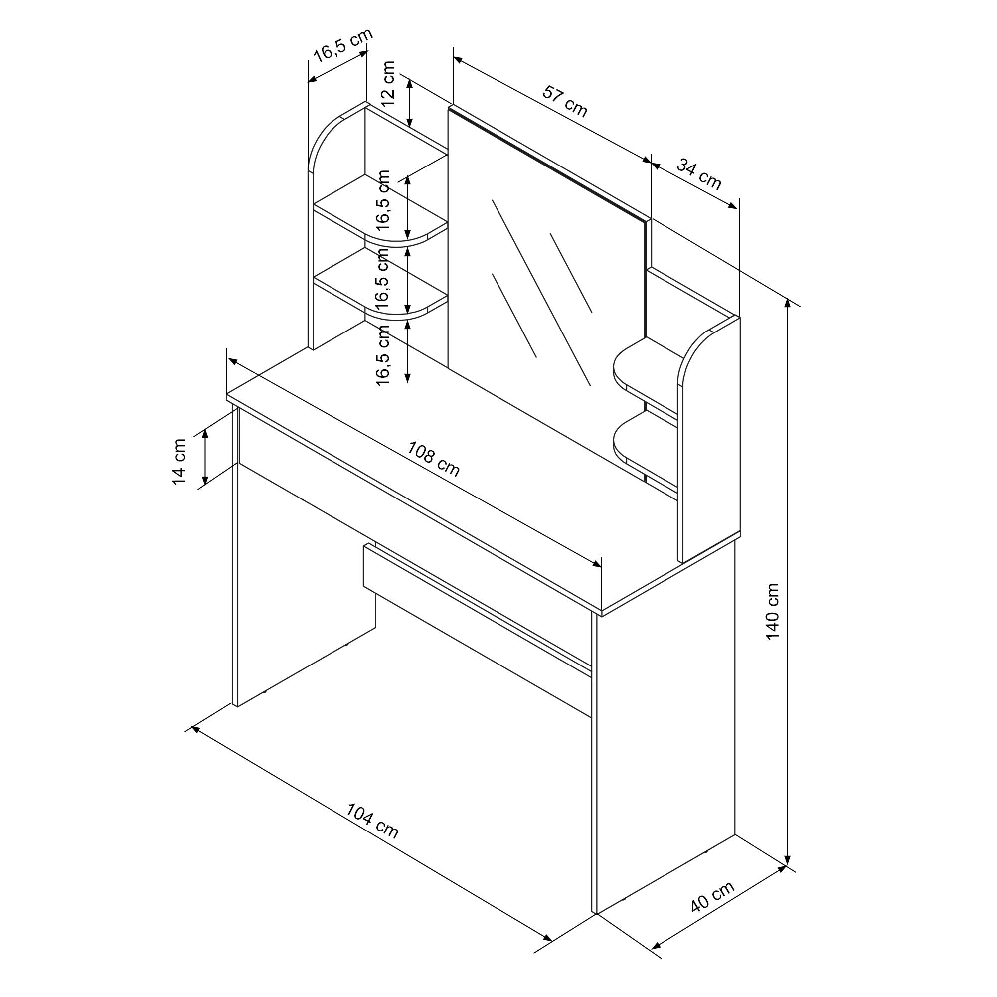 Technical drawing of a desk with dimensions and mirror.