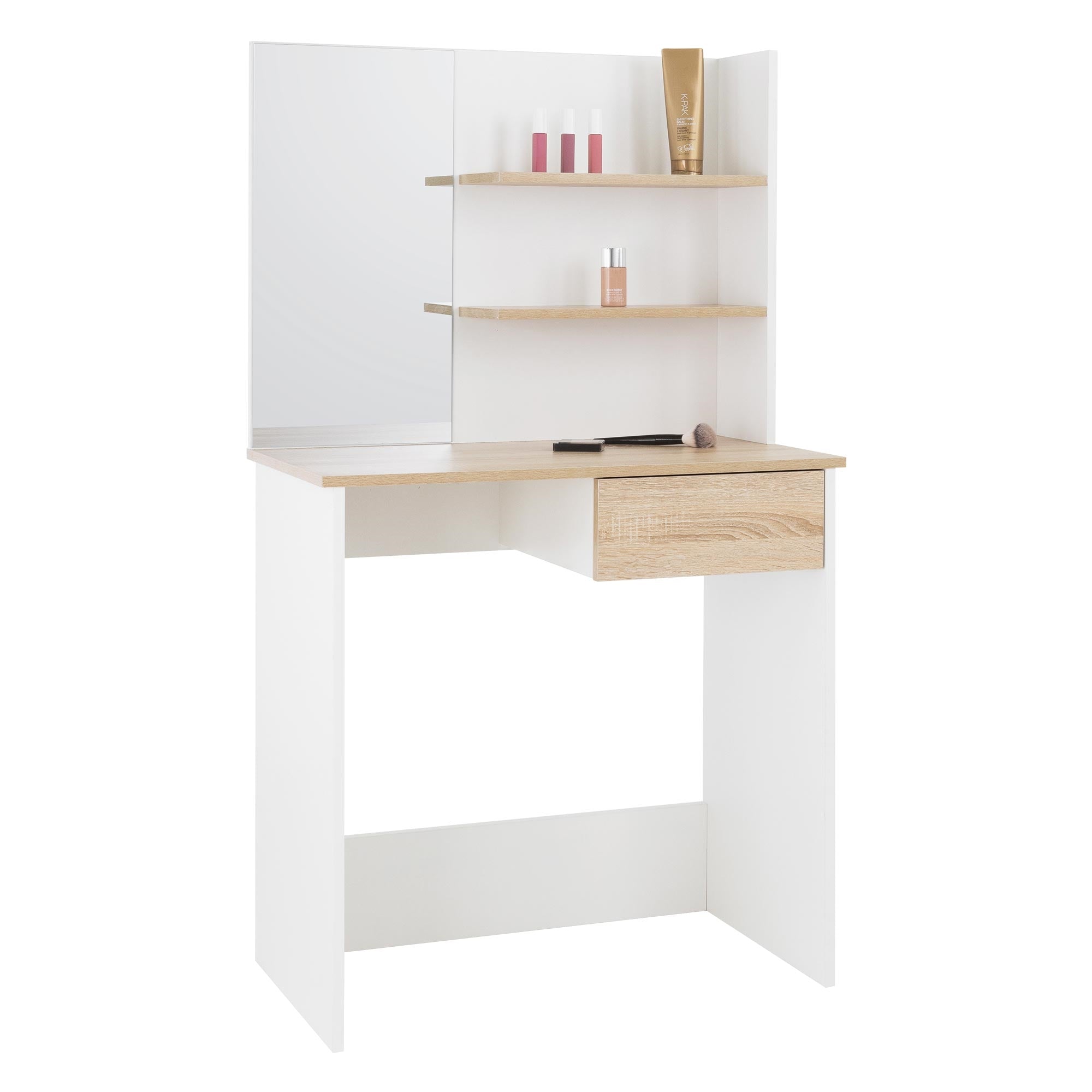Schminktisch mit Spiegel, Regalen und Schublade in Holz- und Weißtönen.