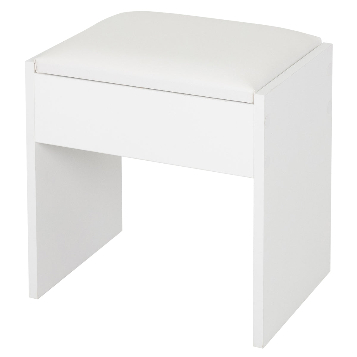 Taburete blanco con asiento acolchado.
