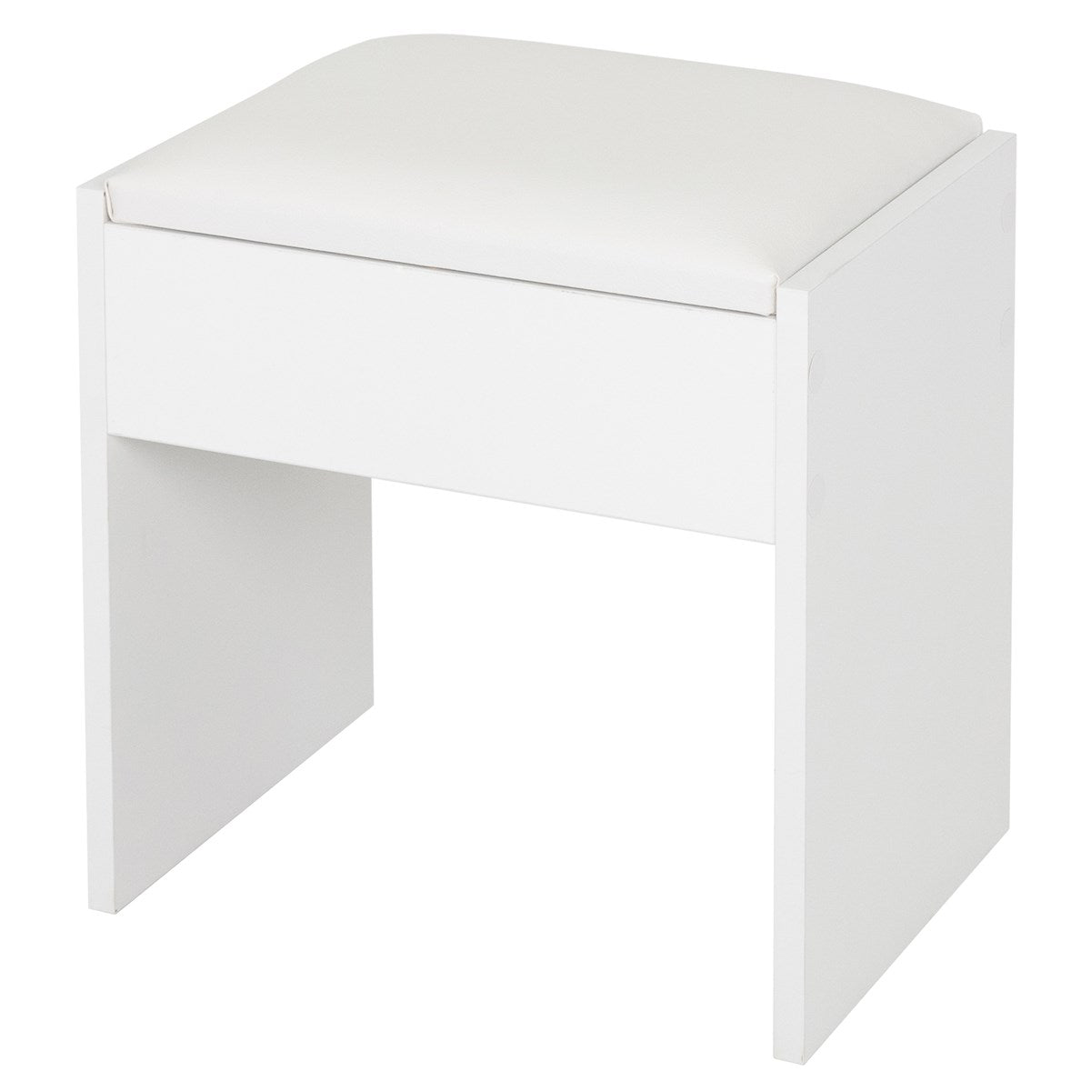 Weißer Hocker mit gepolsterter Sitzfläche.