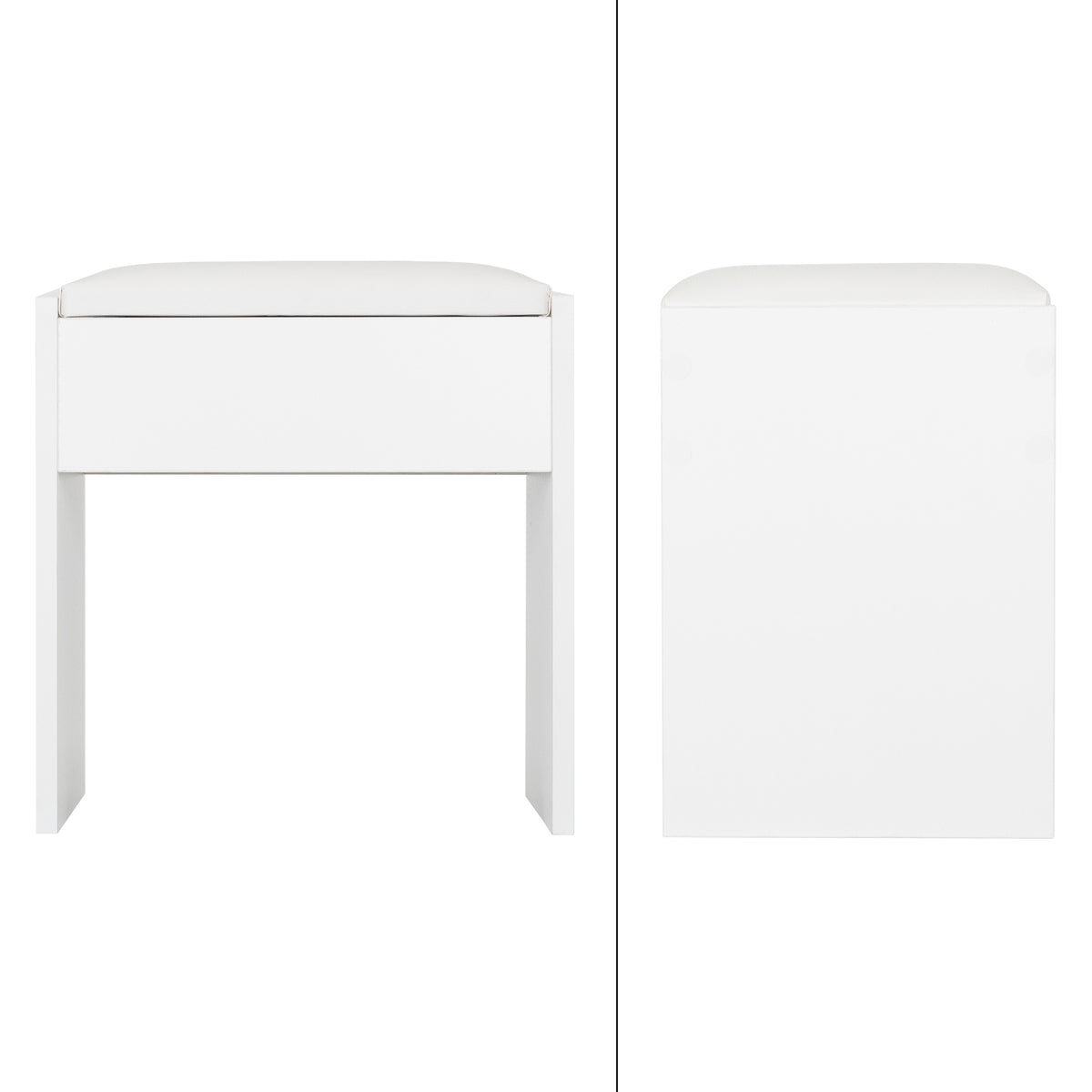 Taburete blanco con cajón, asiento acolchado, medidas: 40x29,5x43 cm.