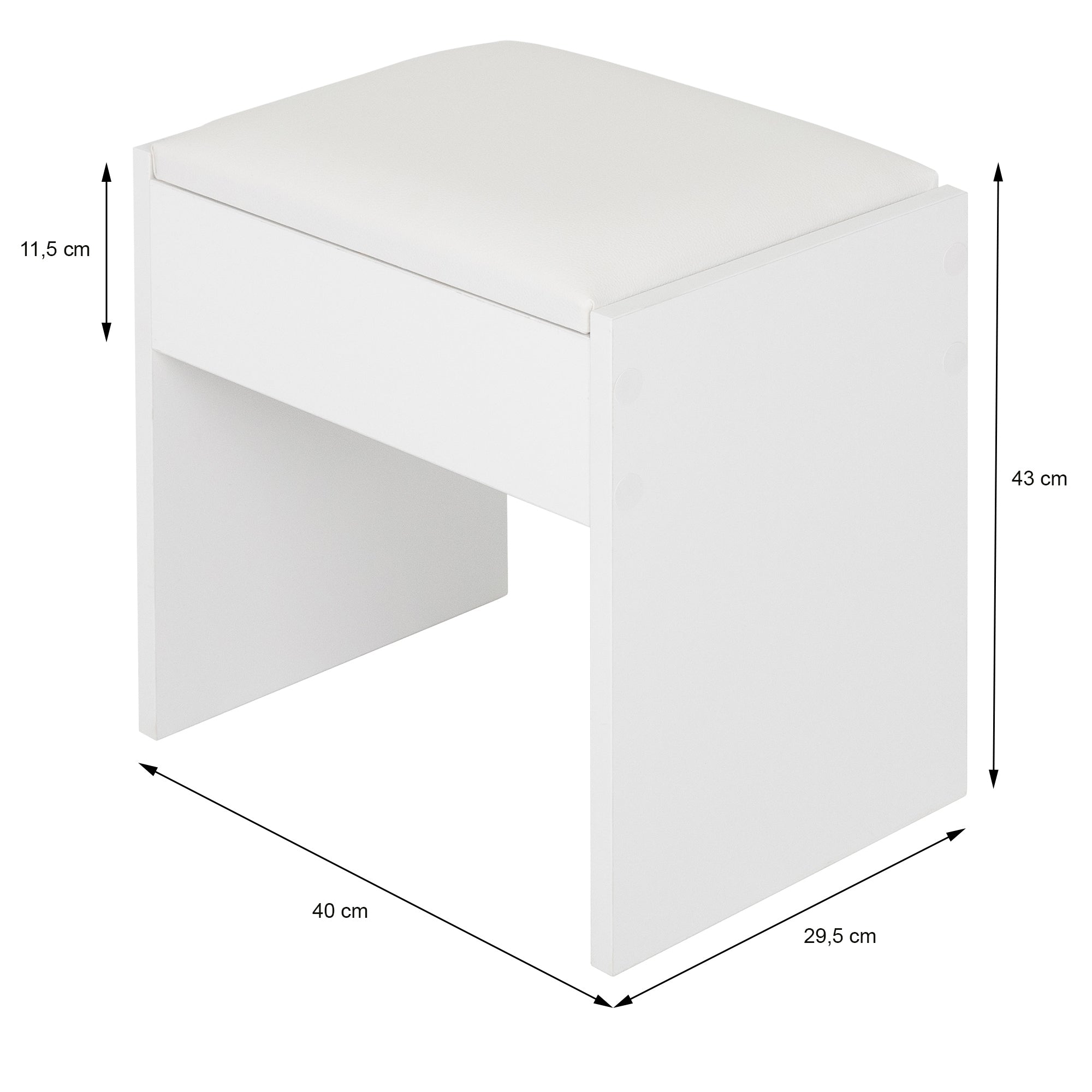 A white stool with a padded seat and dimensions in cm.