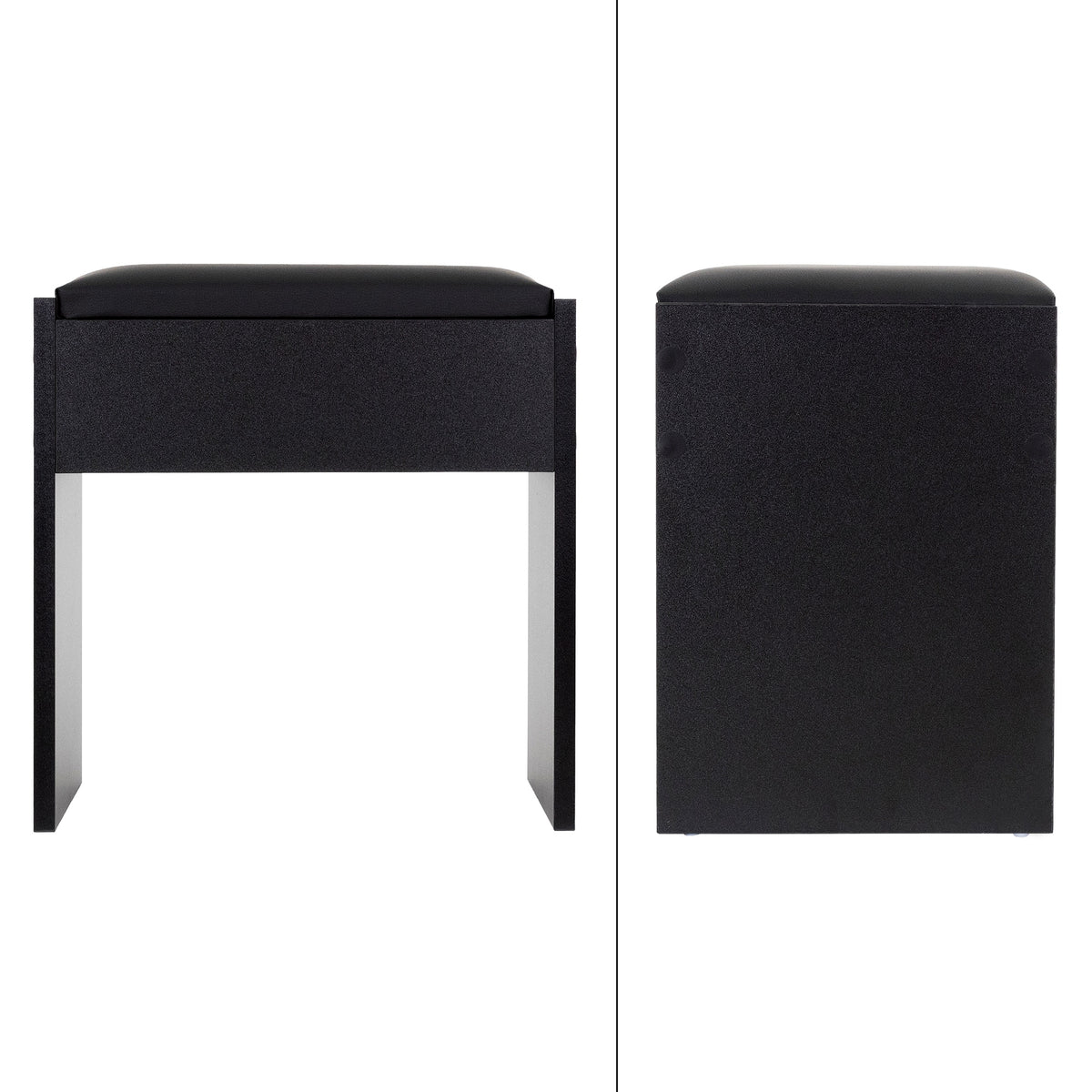 Taburete negro con asiento acolchado y estructura minimalista.