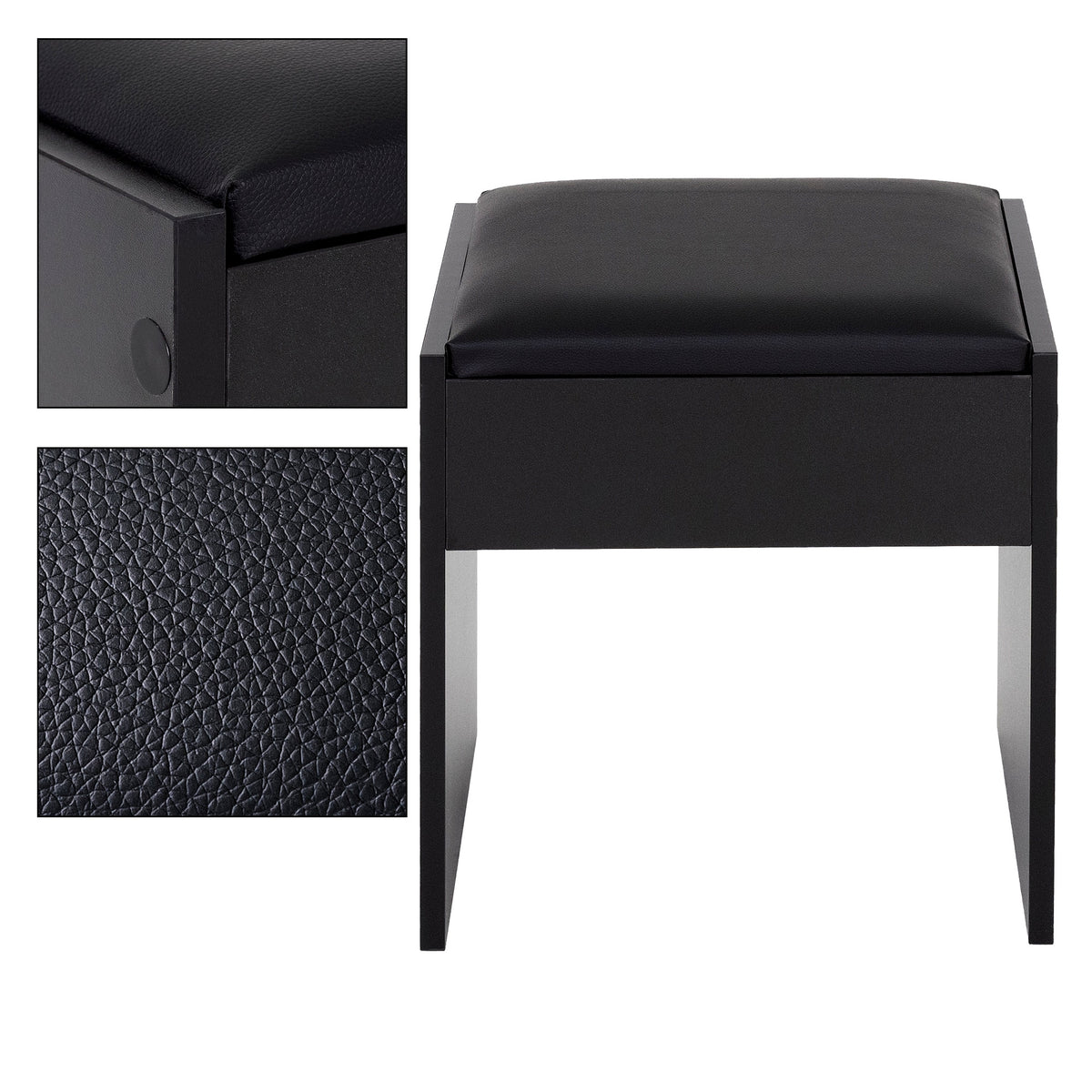 Taburete negro con asiento acolchado y marco de metal.