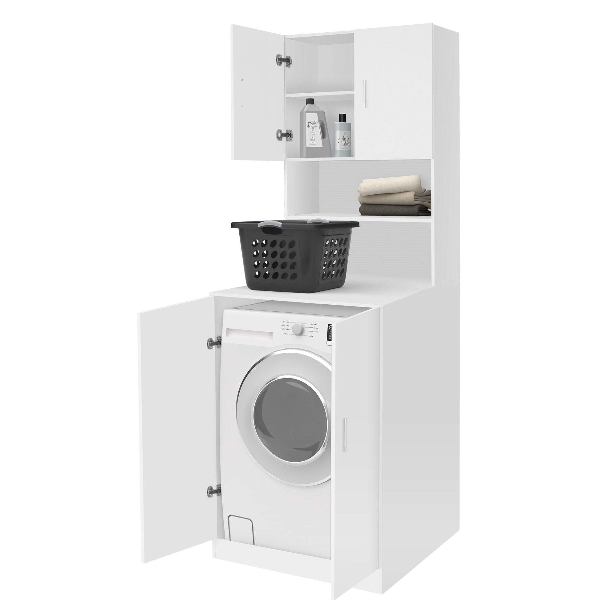 Wasmachine in een witte kast met een plank en wasmand.