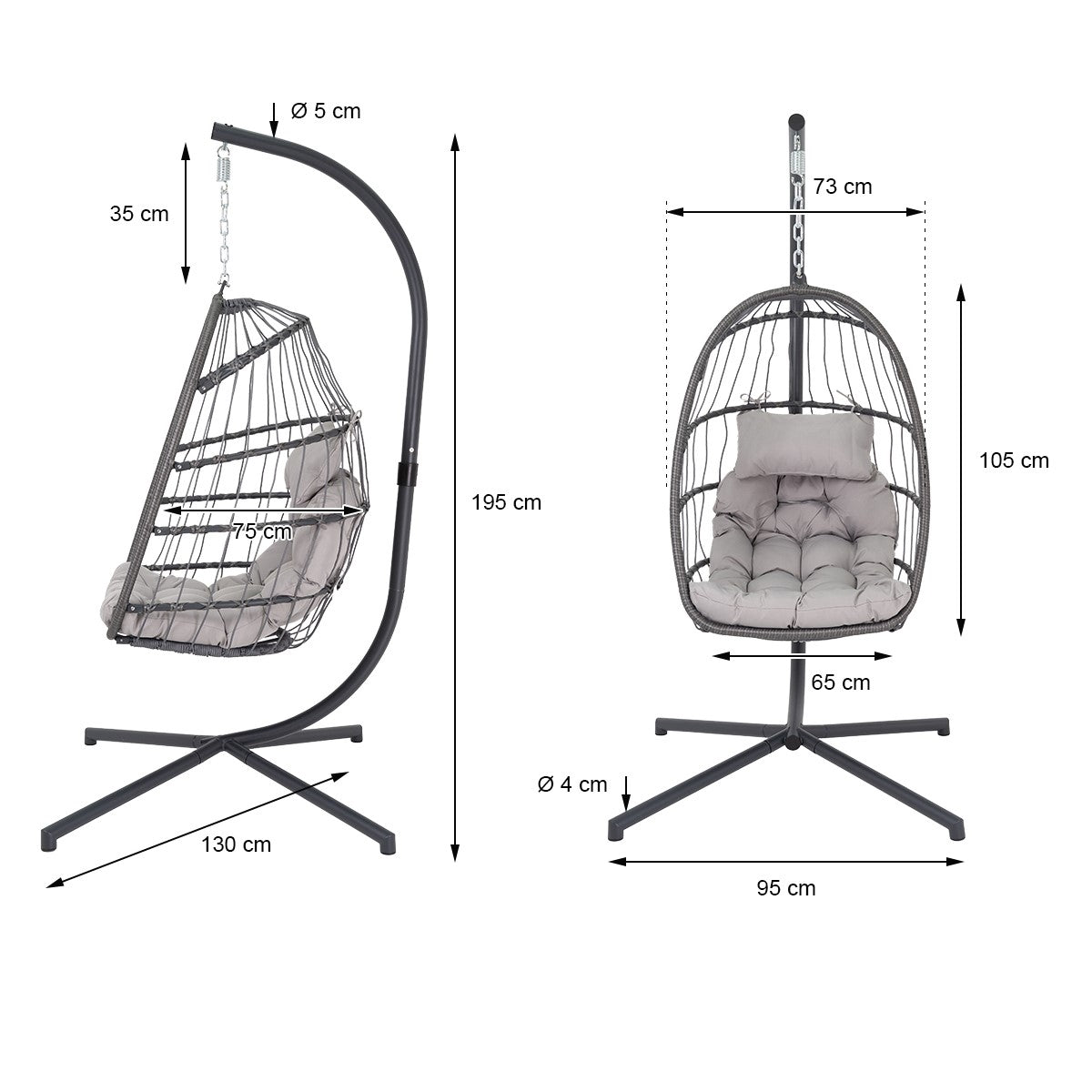 Fotoliu suspendat cu cadru, pernă și dimensiuni, de culoare gri.