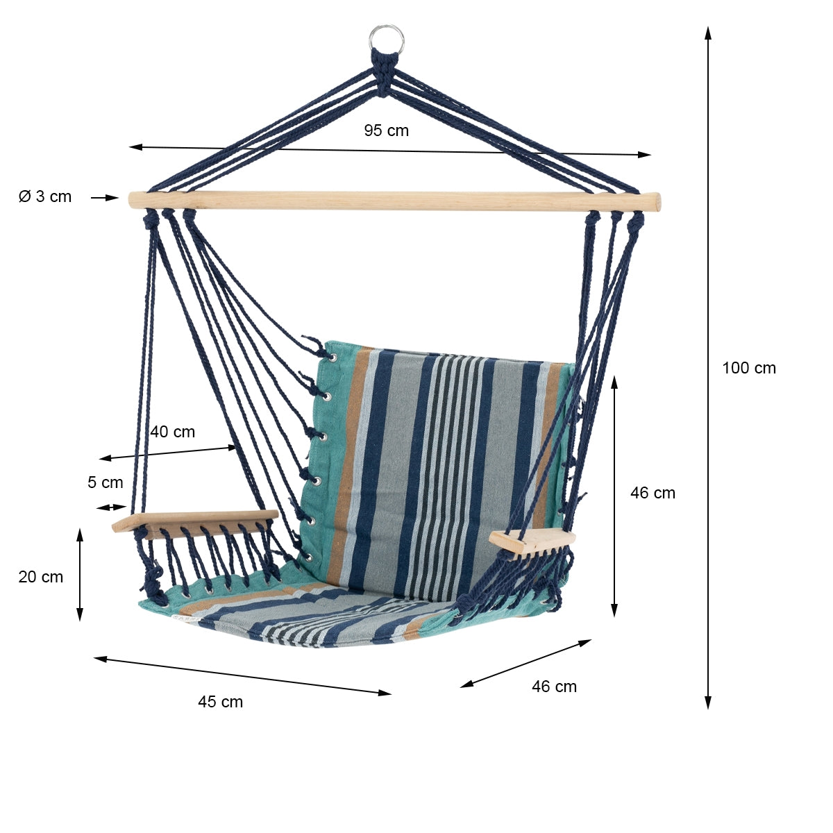 Silla colgante con asiento a rayas y marco de madera.
