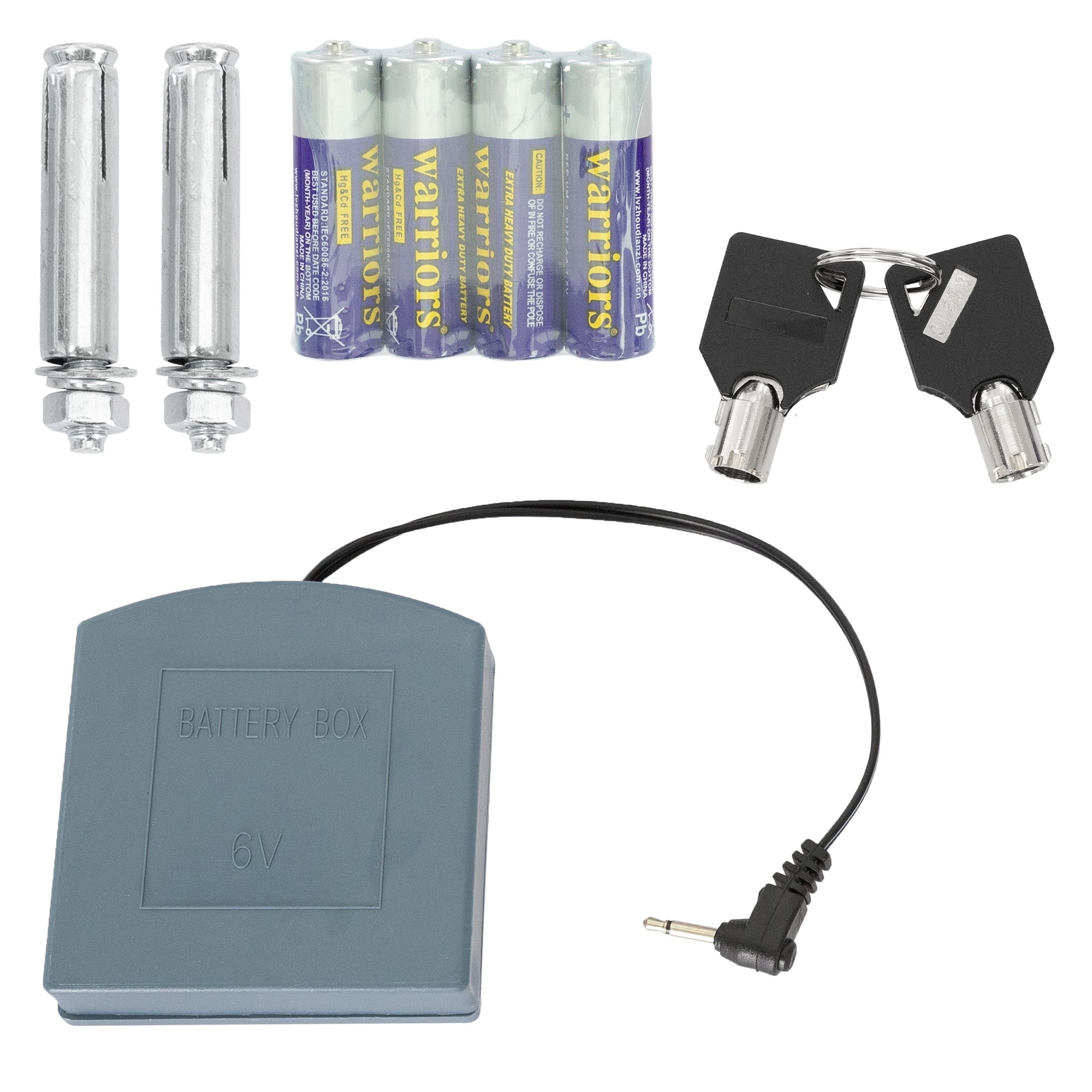 Batteriefach mit zwei Batterien und zwei Schlüsseln auf einem weißen Hintergrund.