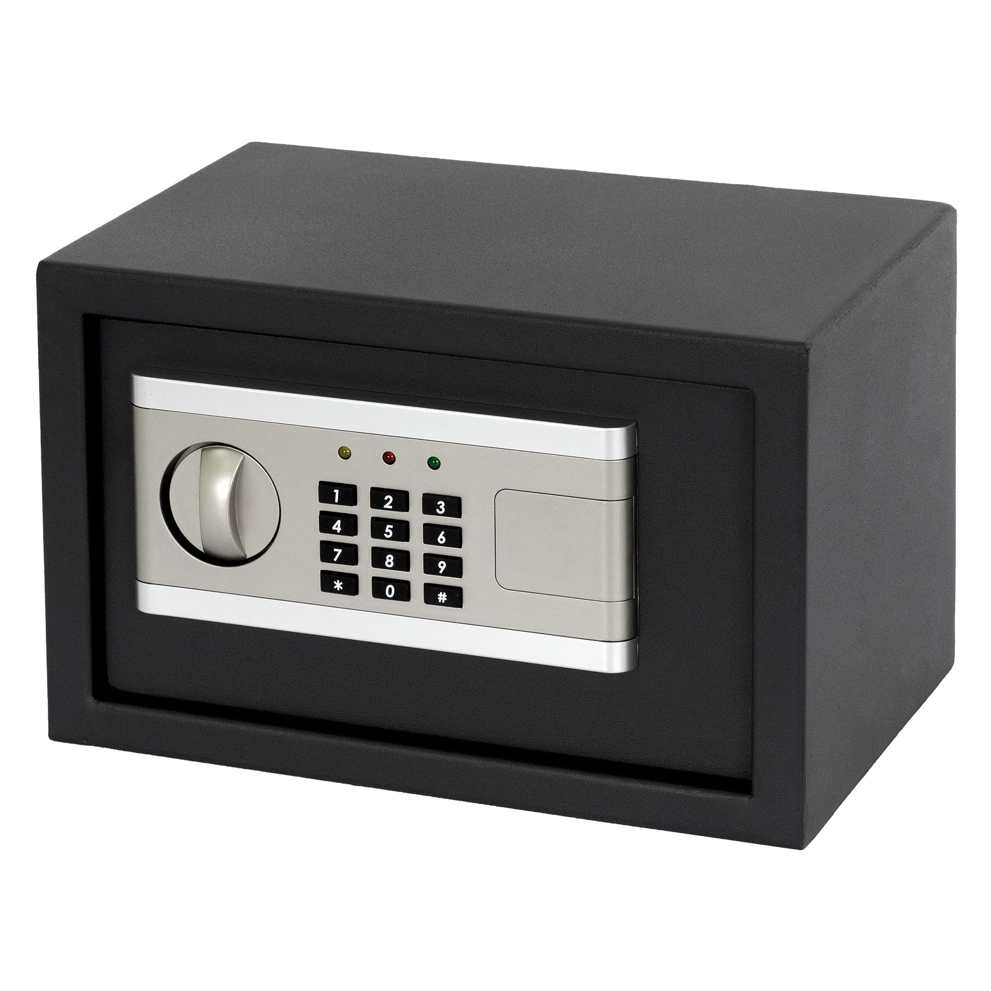 Schwarzer Safe mit digitalem Zahlenschloss auf einem Tisch.
