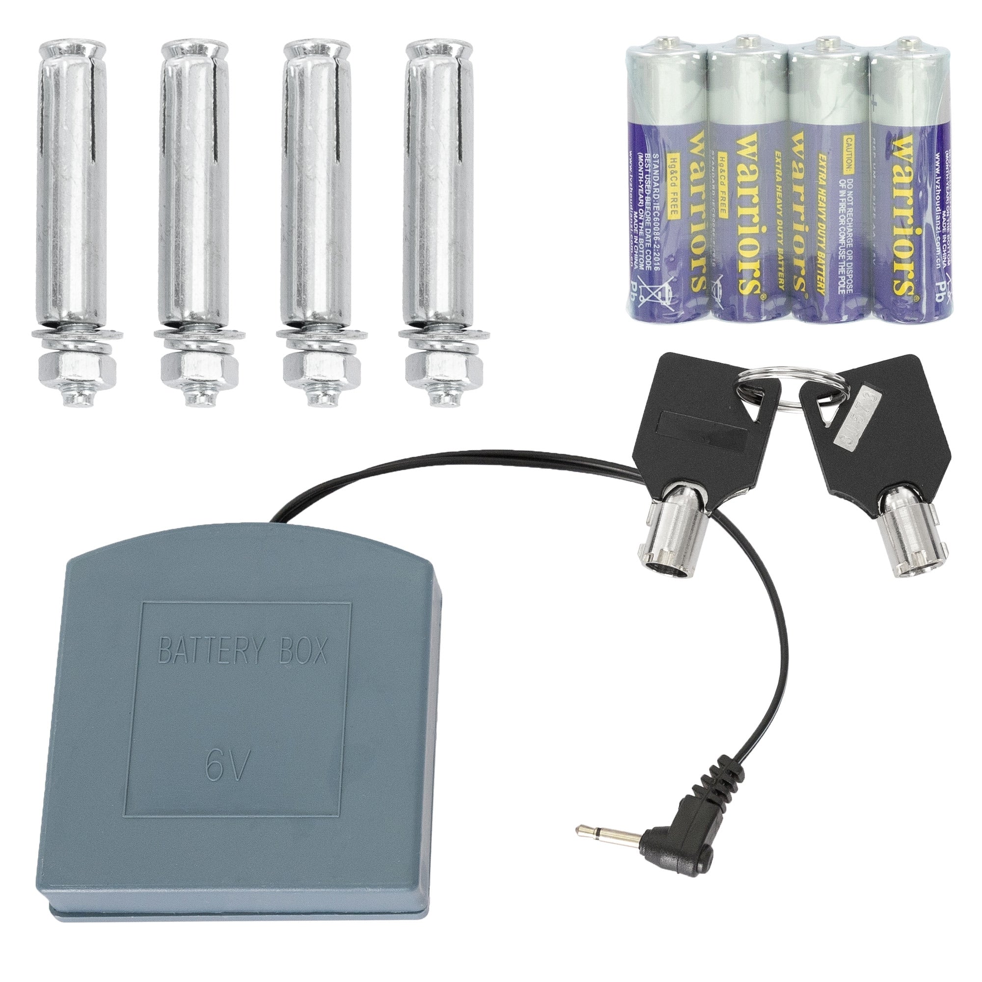 Vier silberne Batterien und eine graue Batteriebox mit Kabel und zwei Schlüsseln.