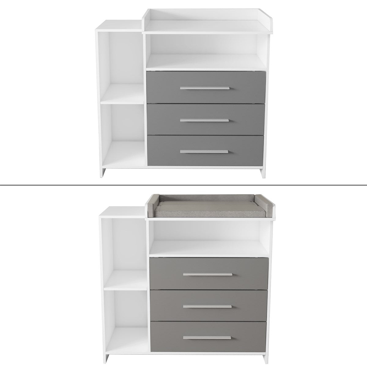 Meuble avec des tiroirs et des compartiments ouverts, blanc et gris.