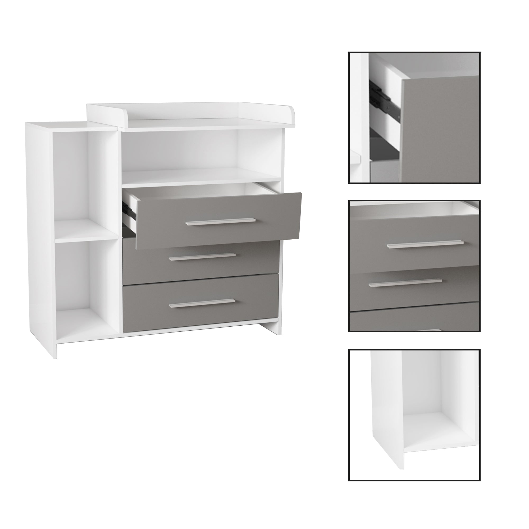 Witte kast met grijze lades en planken.