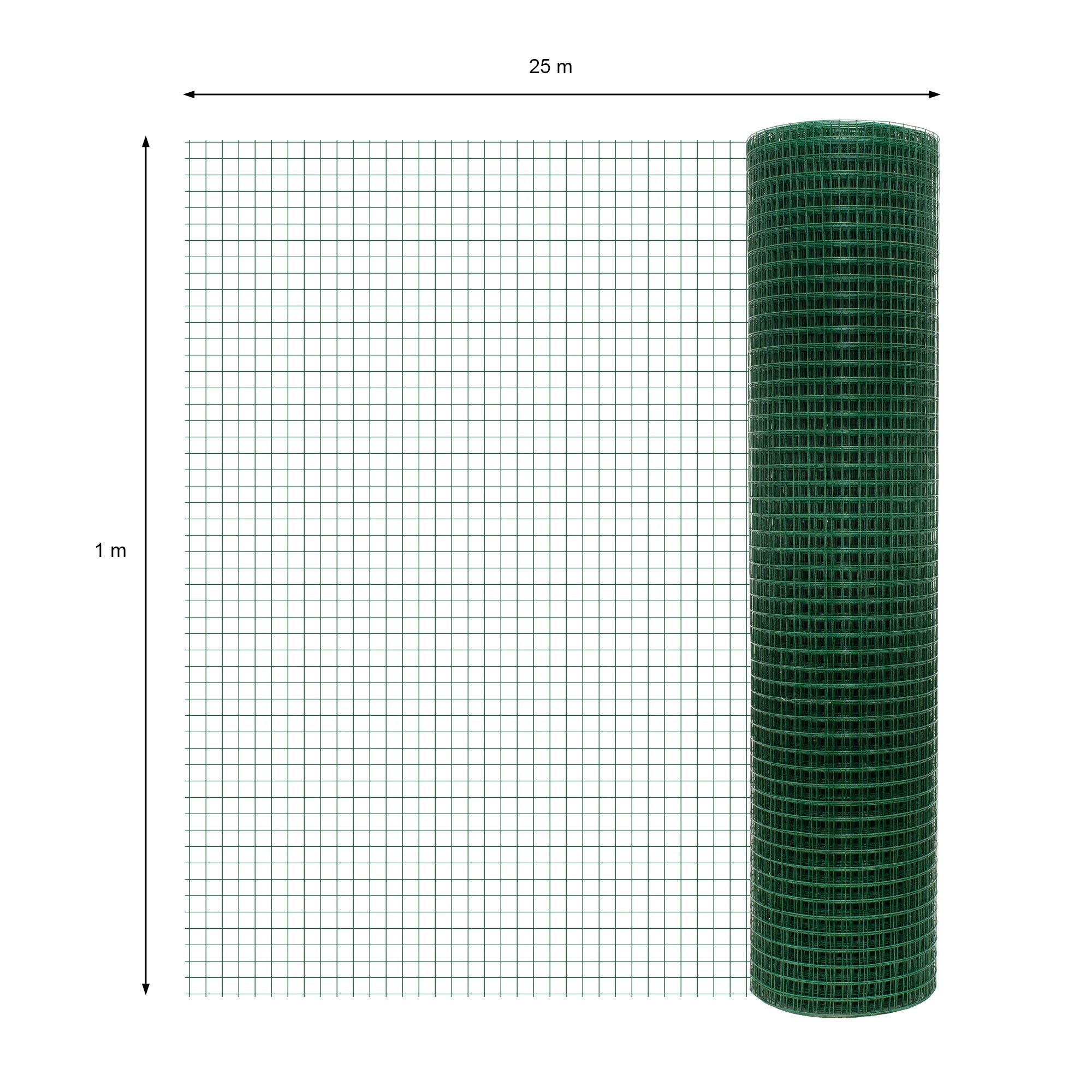 Grüner Drahtzaun auf einer Rolle, mit einem Gittermuster, 25 m lang und 1 m hoch.