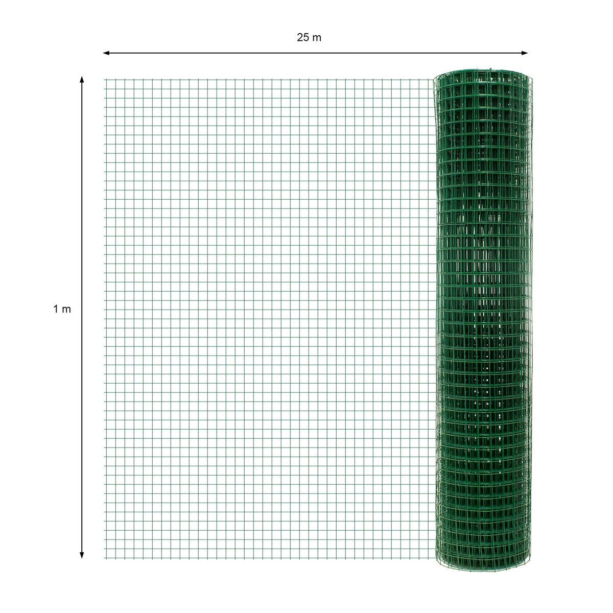 Grünes Drahtgitter mit Maßen von 25 m x 1 m, aufgerollt.