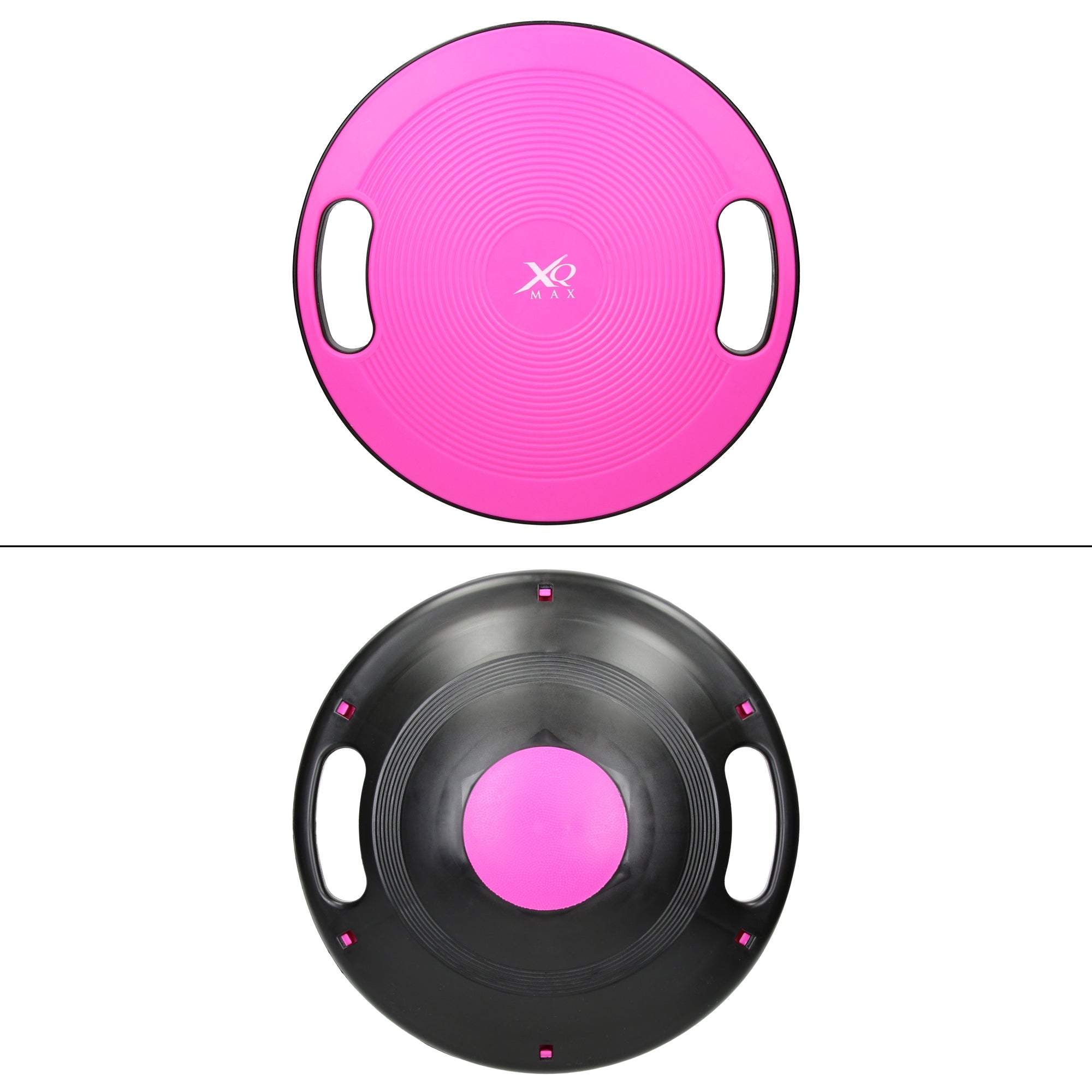 Runder, pinkfarbener Balance-Board mit zwei Griffen.