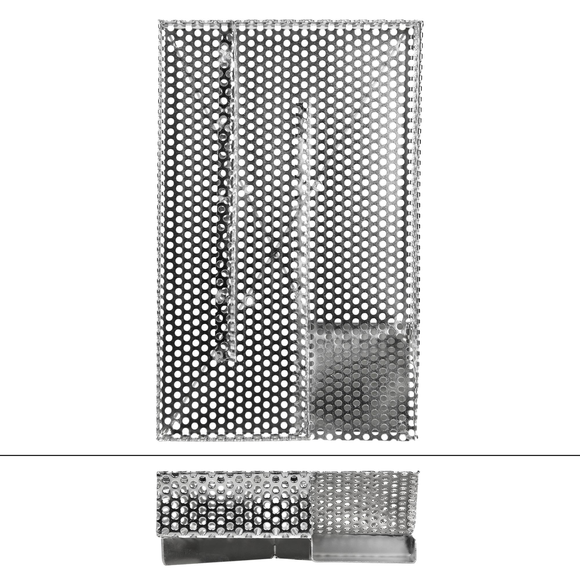 Metallplatte mit vielen runden Löchern, vertikal und horizontal strukturiert.