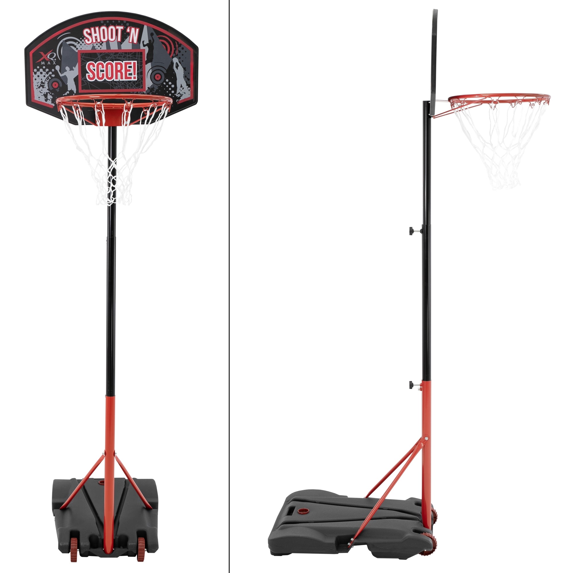 Panier de basket avec filet, réglable en hauteur et sur roulettes.