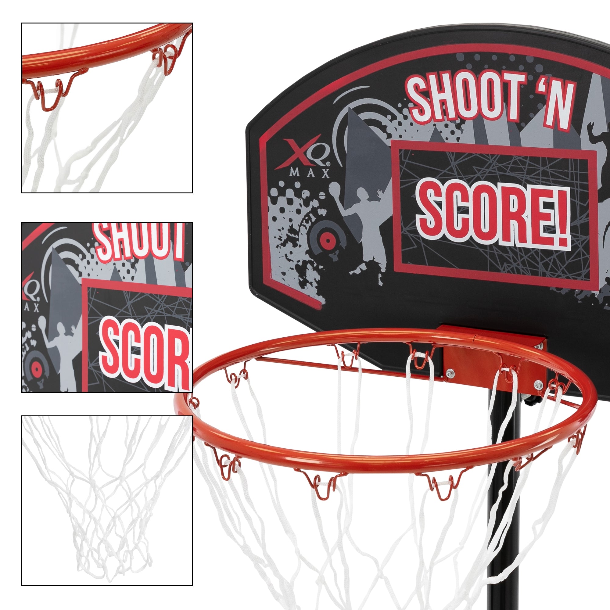Panier de basket avec filet et l'inscription 'Shoot 'n Score!'.