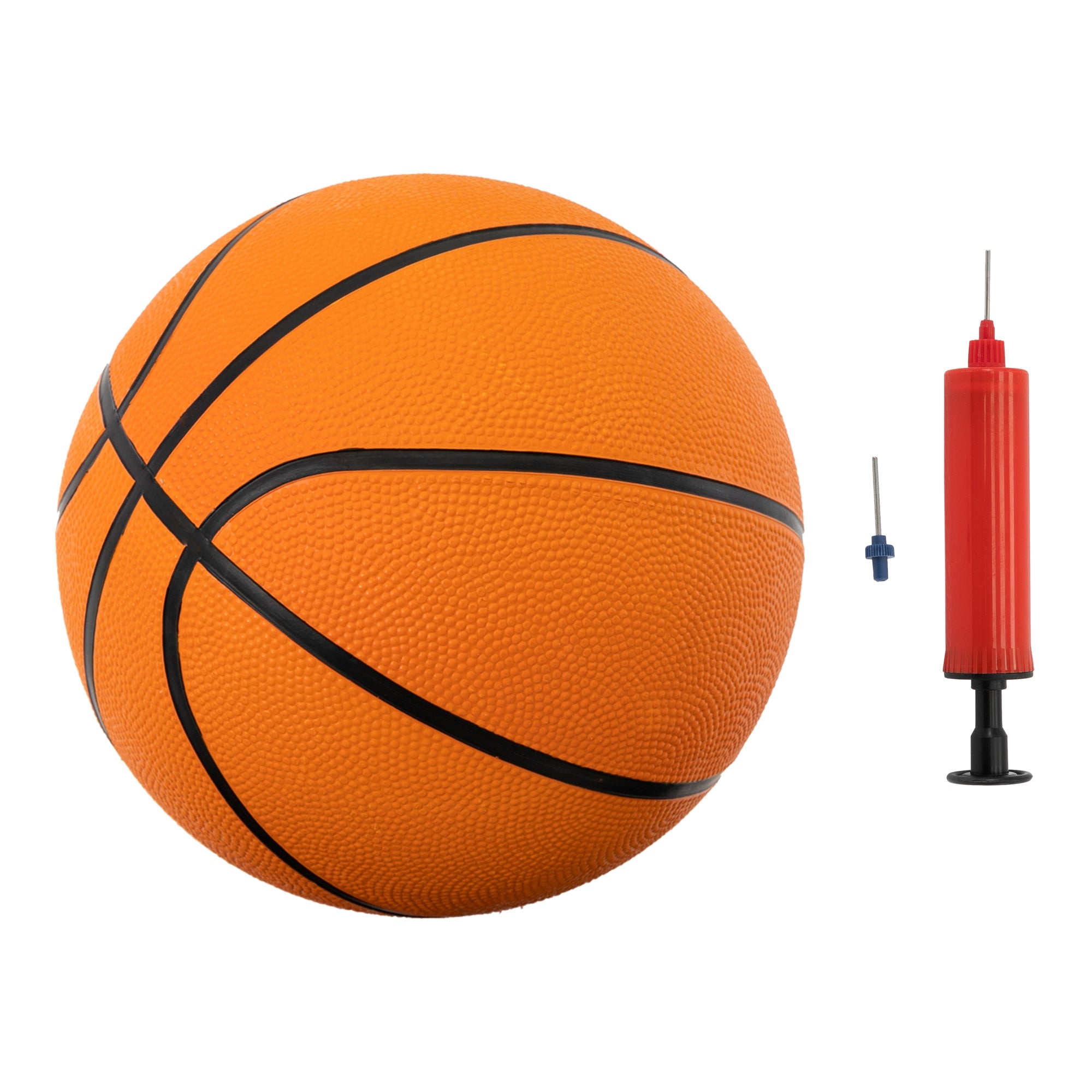Ballon de basket orange à côté d'une pompe avec aiguille.