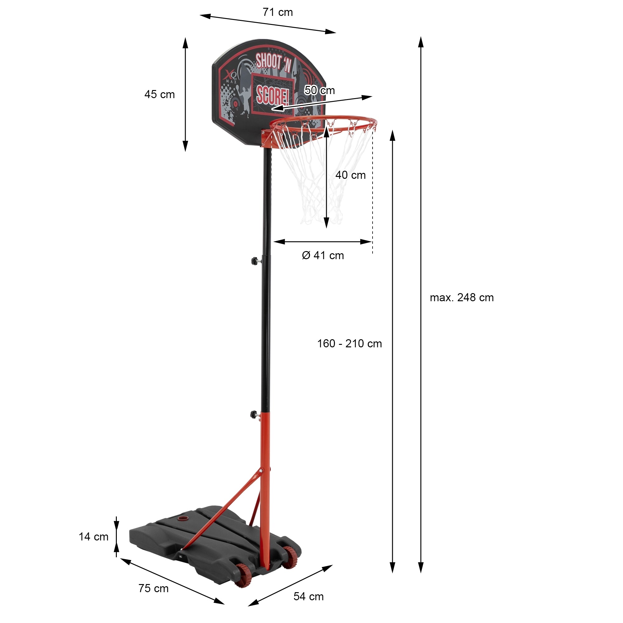 Panier de basket avec réglage de hauteur et dimensions sur un support noir.