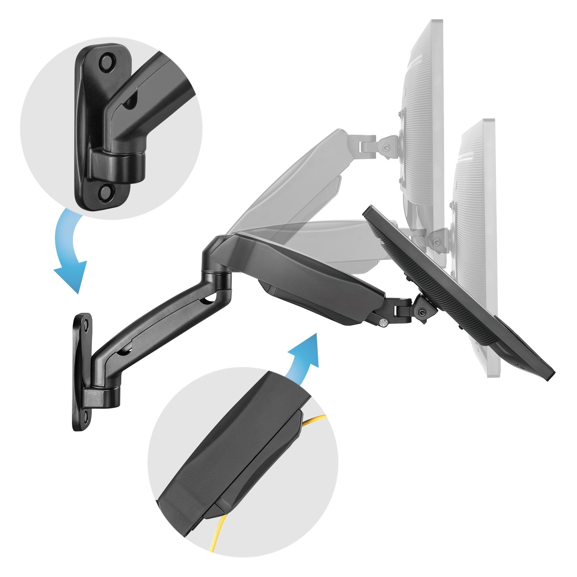 Ein Monitorarm, der an der Wand montiert ist und einen Monitor hält.